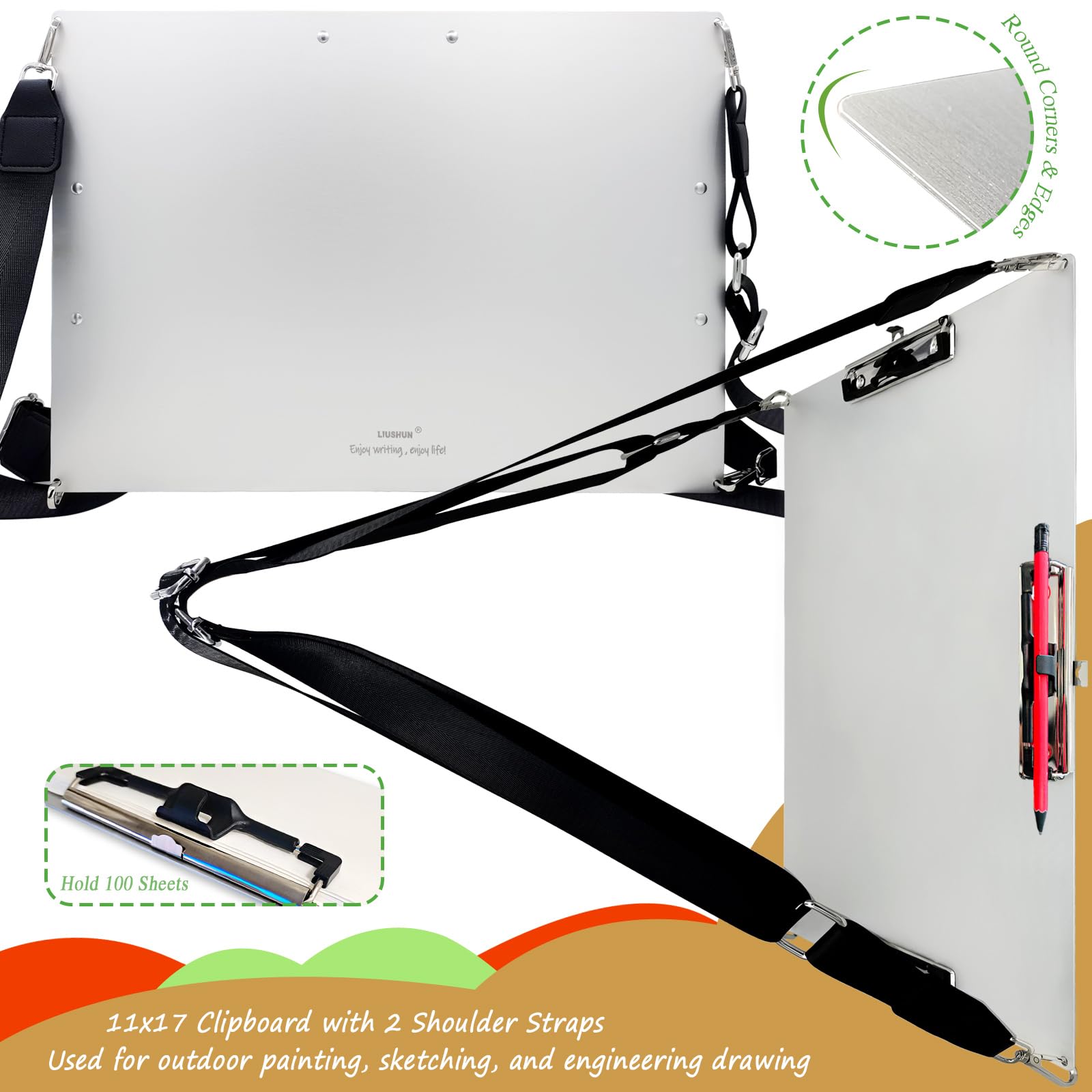 Klemmbrett mit drei Clips, Aluminium, 28,9 x 43,2 cm, mit 2 speziellen Schultergurten, Metall-Klemmbretter zum Aufhängen, Kunststifthalter, extra großes Klemmbrett für Feld, Zeichnen, Geschäft, Büro,