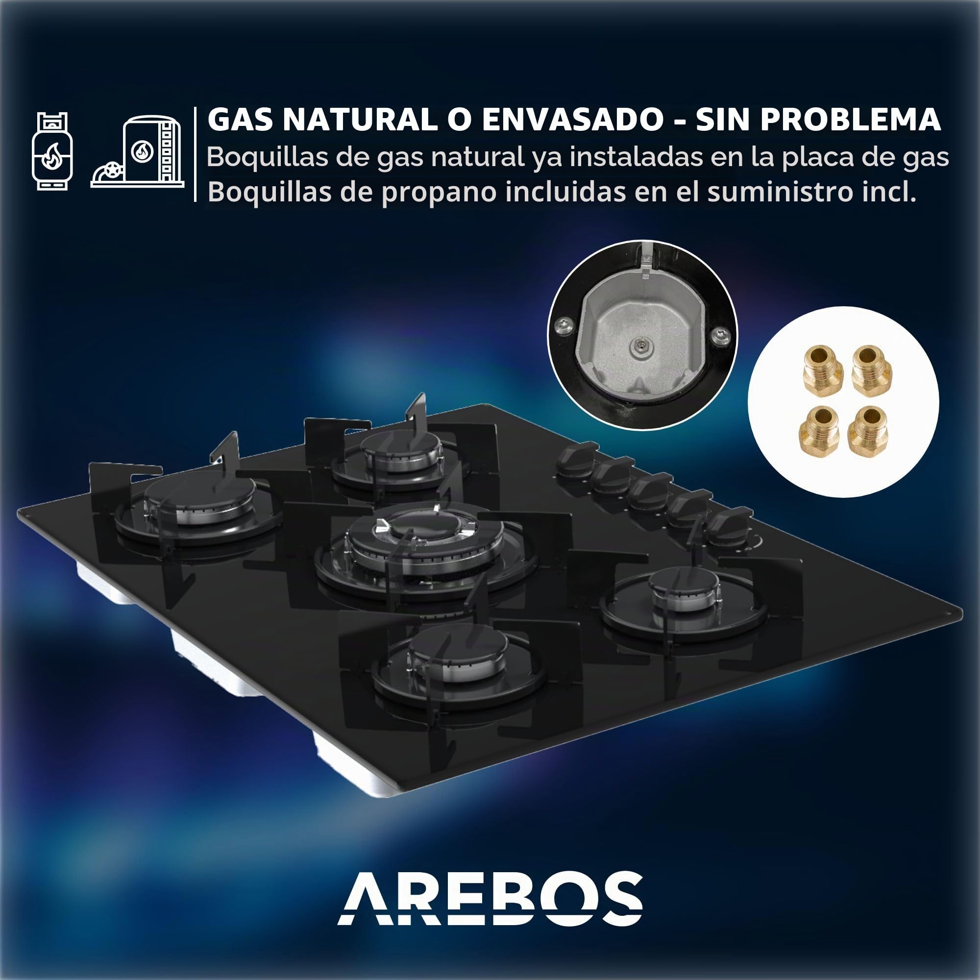 Arebos Placa de gas 70 cm 5 quemadores | Vidrio templado | Empotrable con soportes de hierro fundido | Compatible con gas natural y propano | Encendido seguro integrado