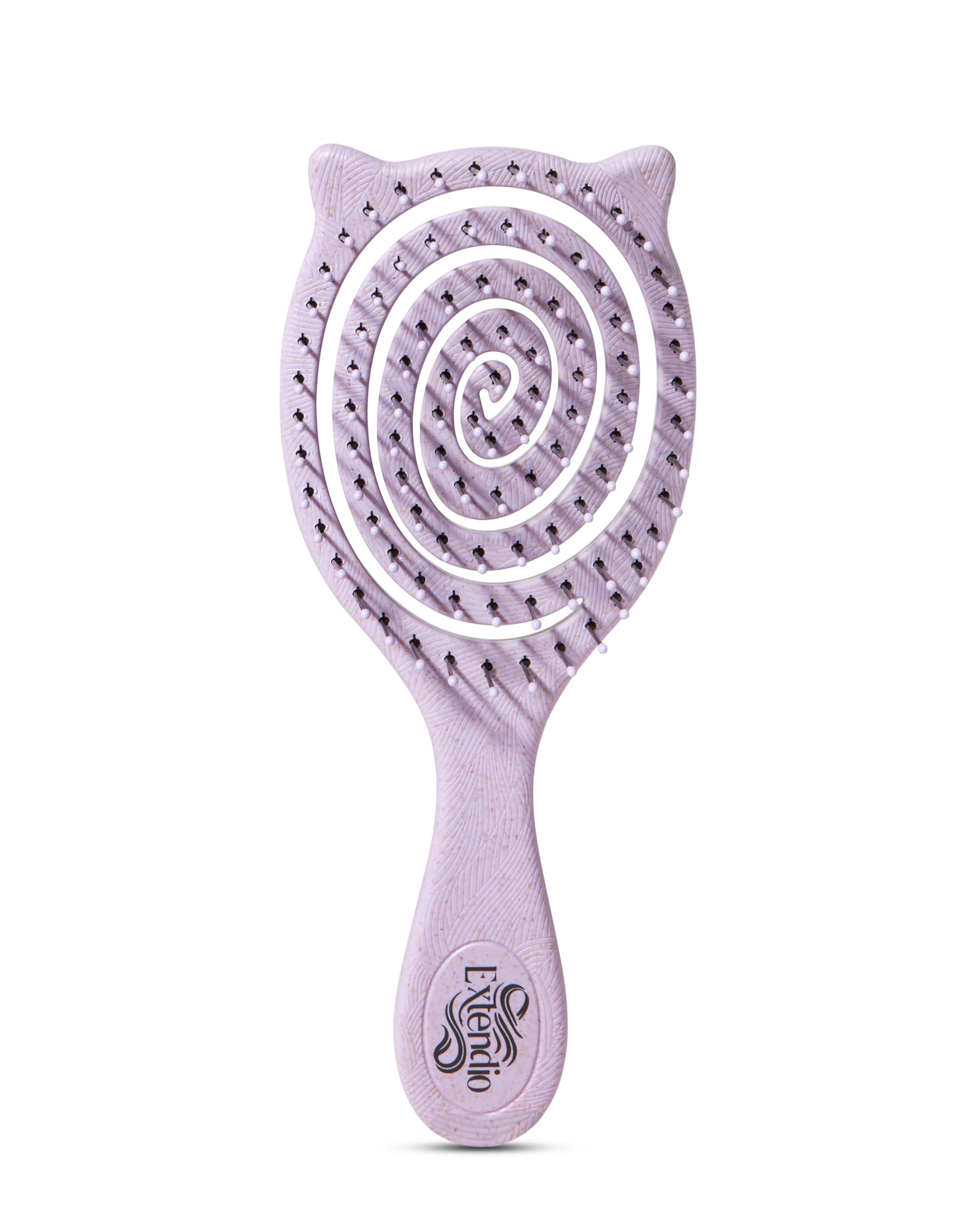 Mini Haarbürste ohne Ziepen für feines Haar, Extendio® Spiralbürste mit Katzenohren, Bio & kompakt für Kinder, Reise, Sport & Alltag (Lila)