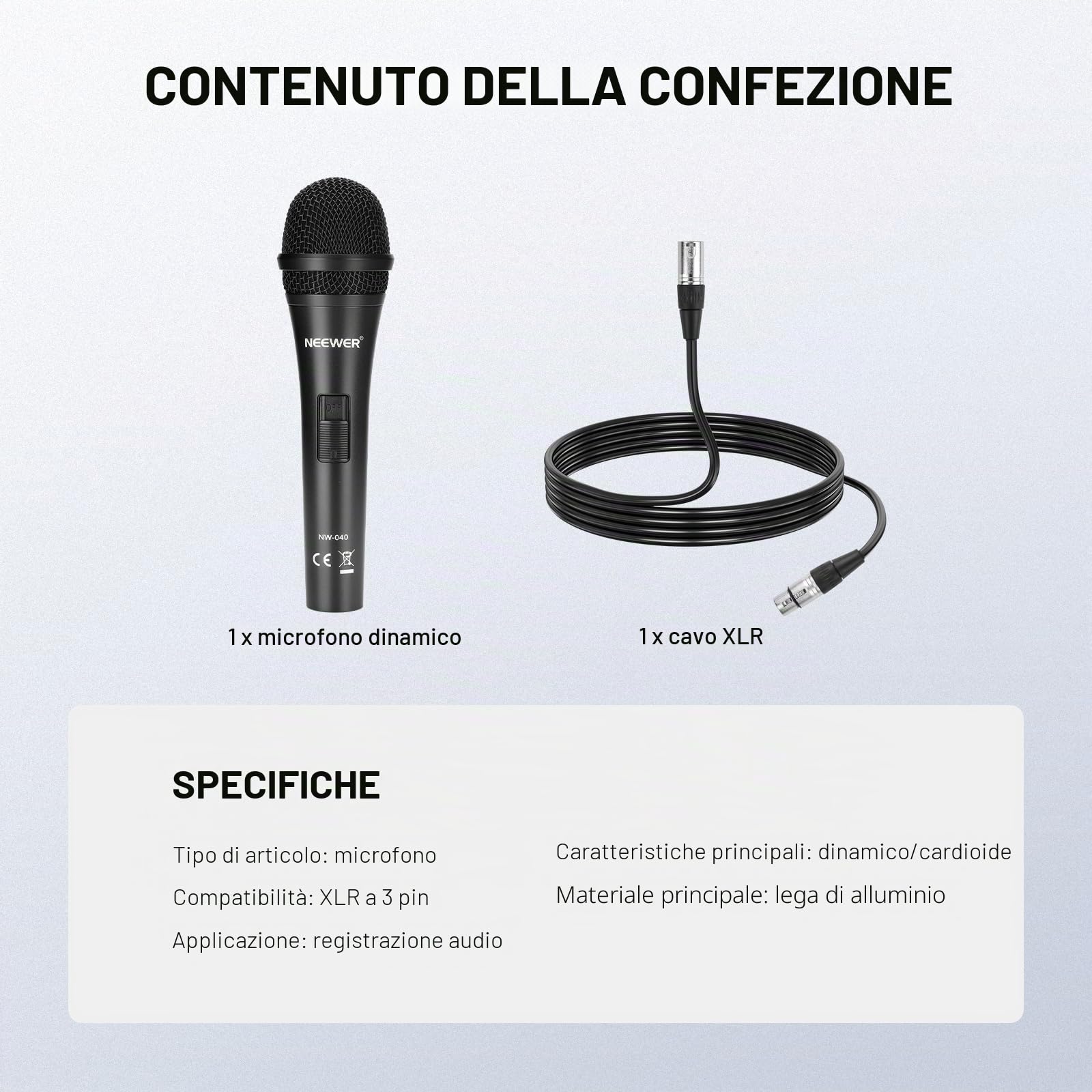 Neewer Microfono Dinamico Cardioide con Cavo Maschio XLR a Femmina XLR, Costruzione Metallica Rigida per Pickup Professionale di Strumenti Musicali, Voce, Radiodiffusione, Discorso, Nero(NW-040)
