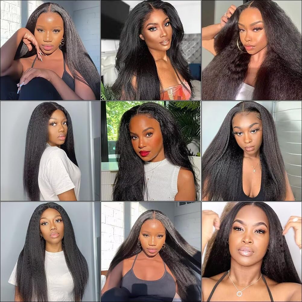 Yaki Parrucca Donna Senza Colla 4x4 Lace Front Wig Human Hair Wear and Go Glueless Wigs Human Hair Pre Plucked Pre Cut for Beginner 180% Density Lace Closure Wigs 16 Pollici