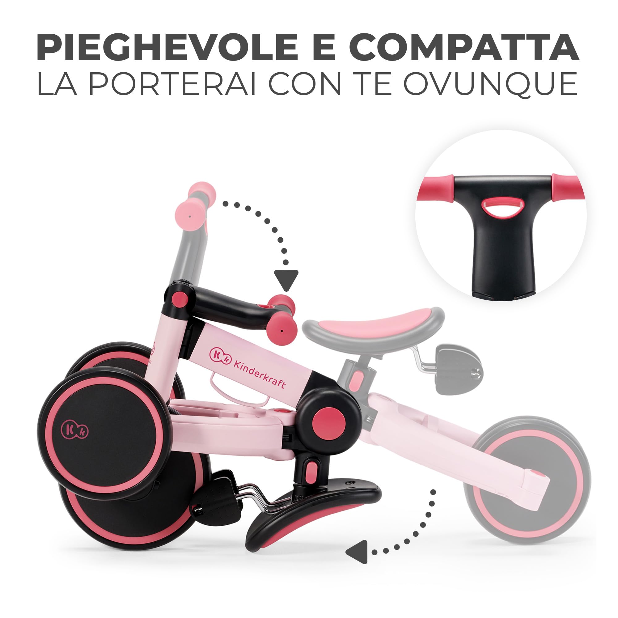 Kinderkraft Triciclo 3in1 4TRIKE, Mini bici, Carrello, Sella regolabile, Pieghevole, da 12 mesi a 5 anni, Rosa