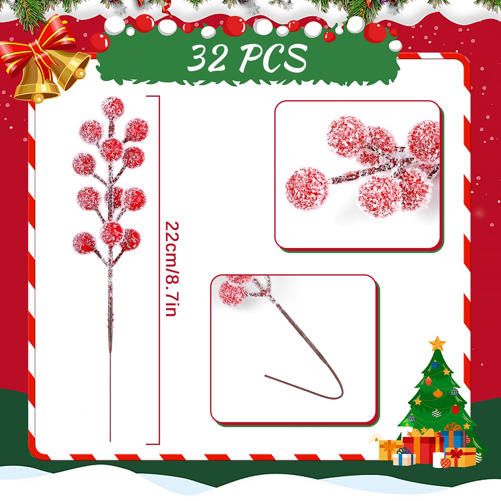 Fangoo 32 Pezzo 23 cm Artificiali Spruzzo Innevato Bacche Rosse Rami di Natale Bacche Rosse Decorazioni per Decorazione Albero di Natale Ghirlande Matrimonio Decorazioni per Feste In Casa