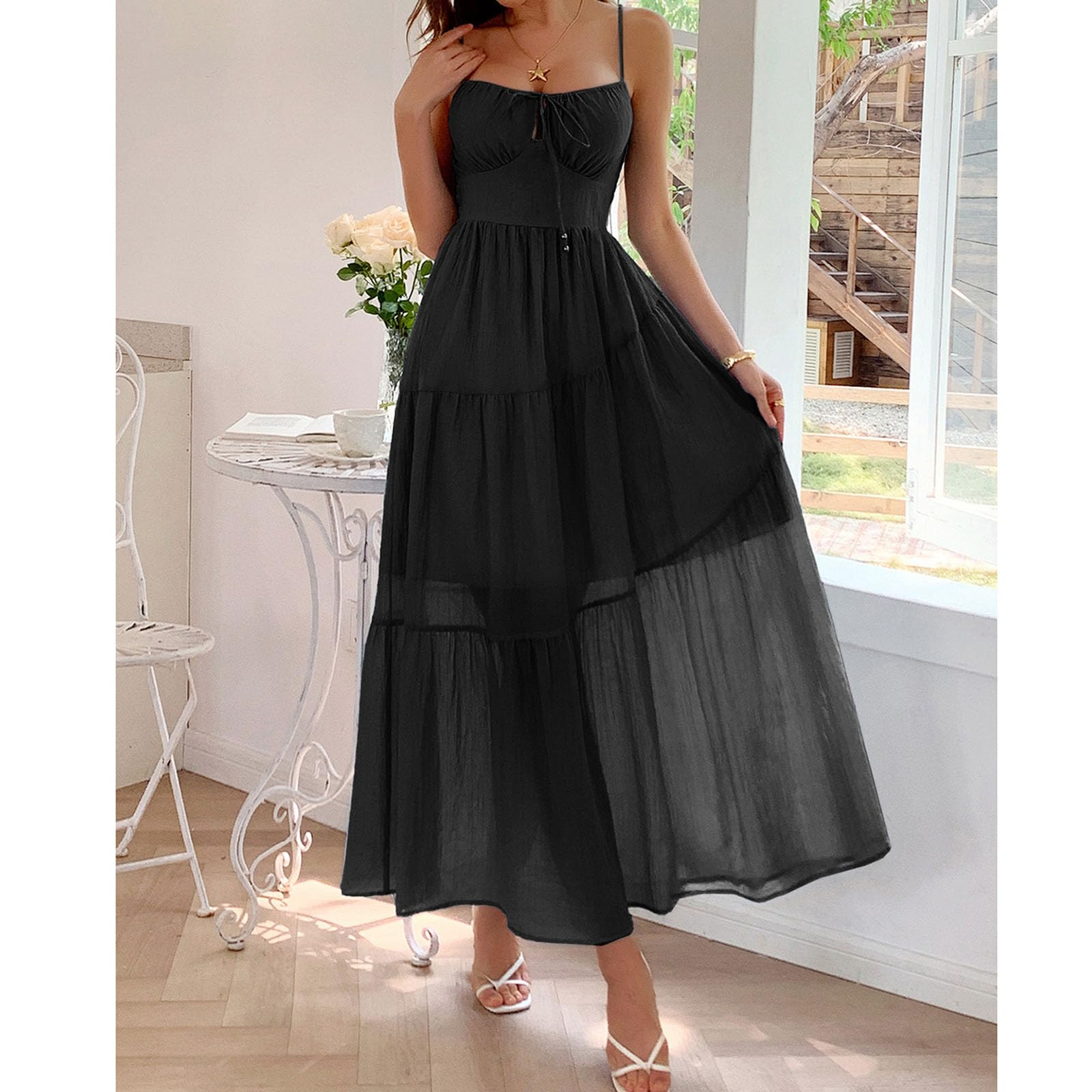 Vestido de Verano para Mujer, Vestido Largo sin Mangas con Cuello en V y Corte Cruzado, Vestido Fluido de Playa para Vacaciones, Fiestas y Viajes.