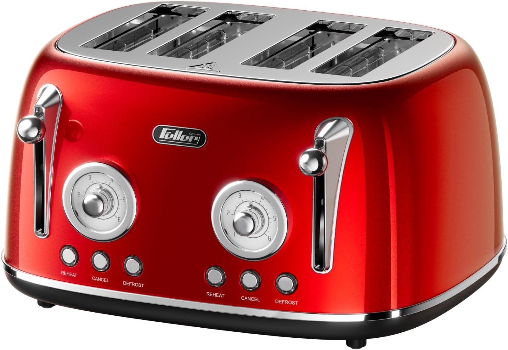Feller Germany, Retro Style 4-Slice Toaster, 1630 W, Steel Body, 2 Dust Covers & 2 Bun Warmers, Defrost, Reheat, & Cancel Function, 4 Extra wide Bread Slots, Removable Crumb Tray, TO490 (Red)