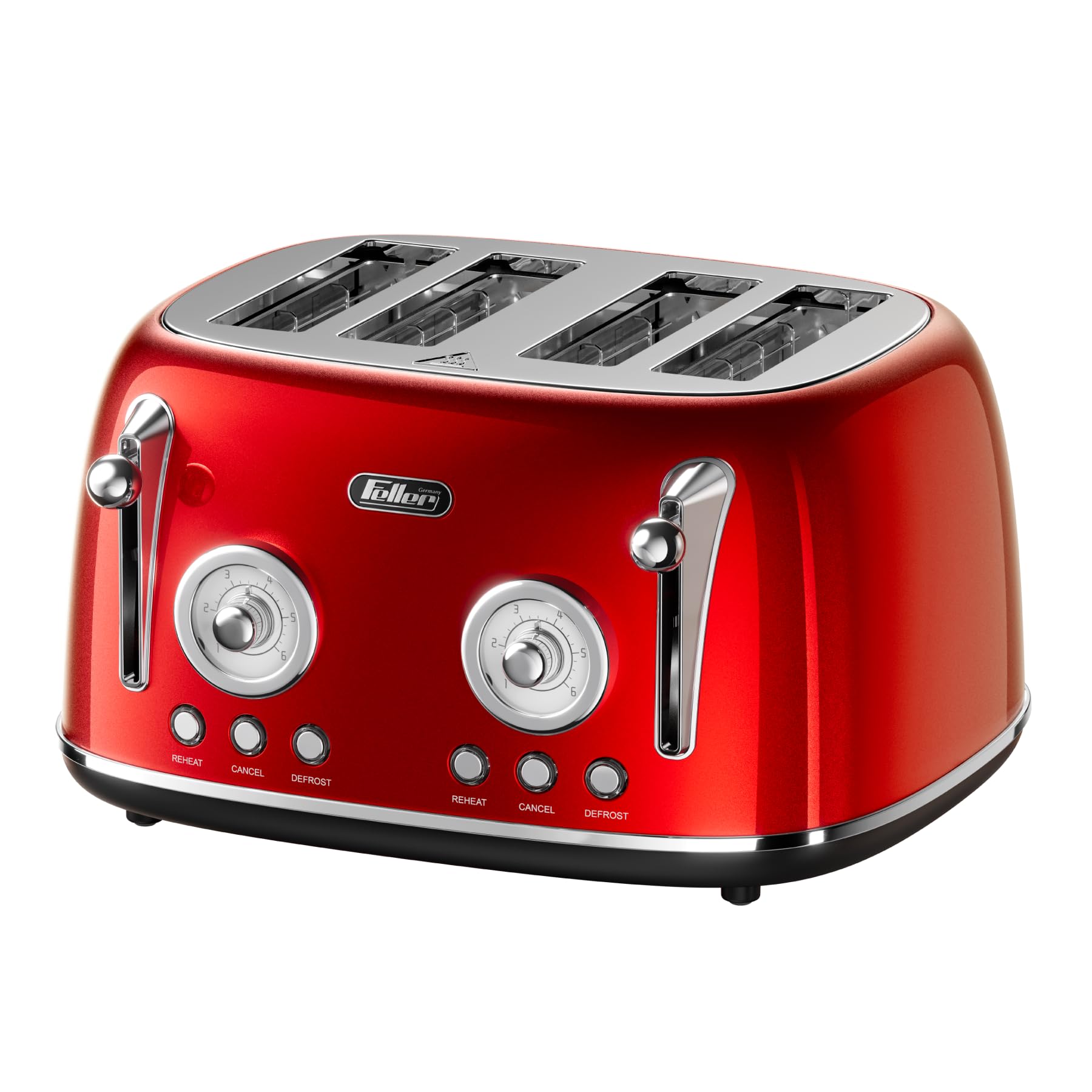 Feller Germany, Retro Style 4-Slice Toaster, 1630 W, Steel Body, 2 Dust Covers & 2 Bun Warmers, Defrost, Reheat, & Cancel Function, 4 Extra wide Bread Slots, Removable Crumb Tray, TO490 (Red)