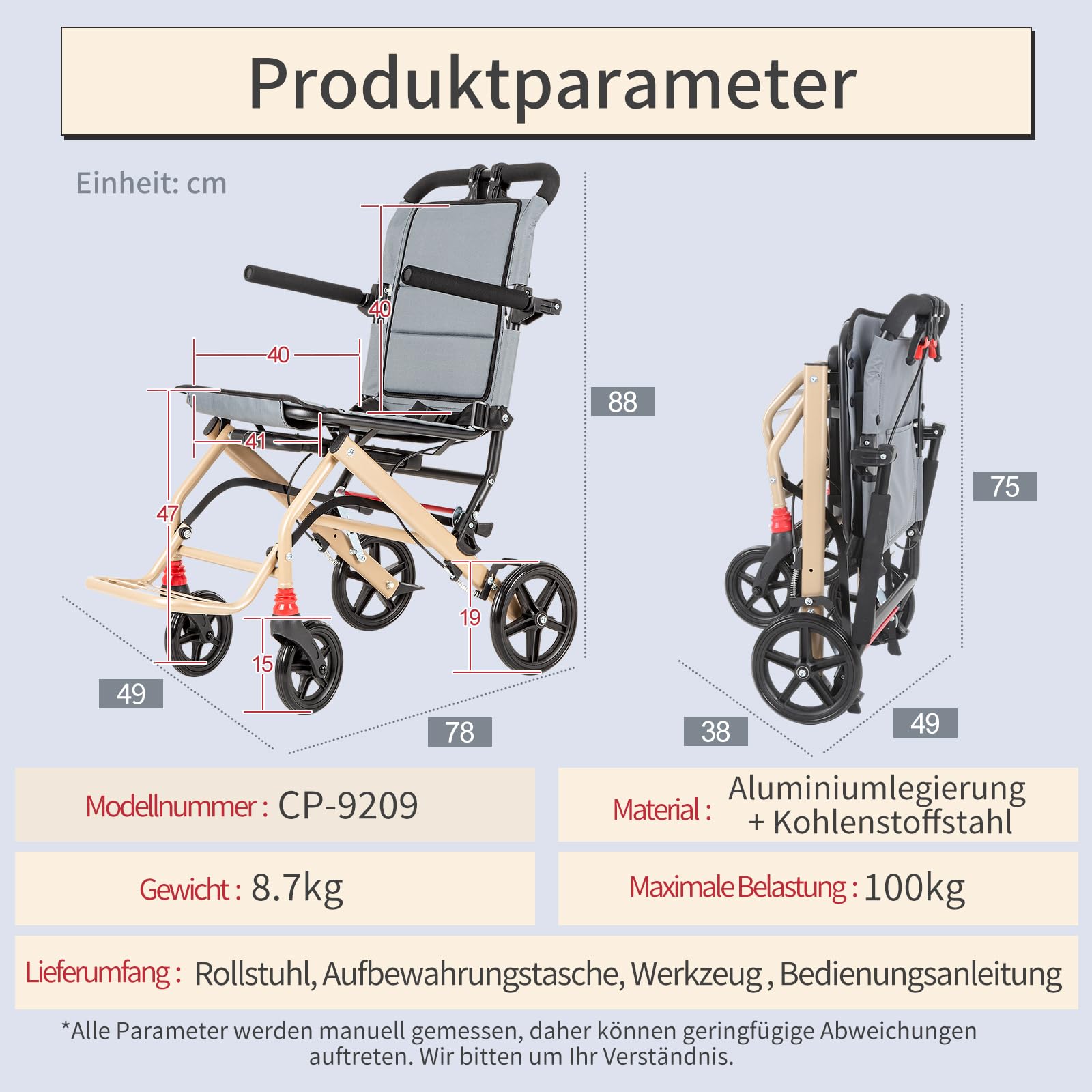 Care Parents Sedia a rotelle da viaggio, pieghevole e leggera (8,7 kg), larghezza seduta 41 cm, con maniglione estensibile, in alluminio, compatta per aereo, treno e auto, portata massima 100 kg