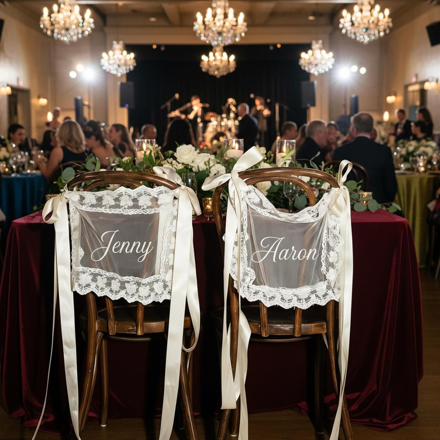 Personalized Sheer Lace Wedding Chair Signs, Custom Just Married Lace Sweetheart Table Decor for Bride and Groom, Mr & Mrs Chair Cover for Wedding Ceremony Reception, Photo-Ready Decor Banner Set of 2