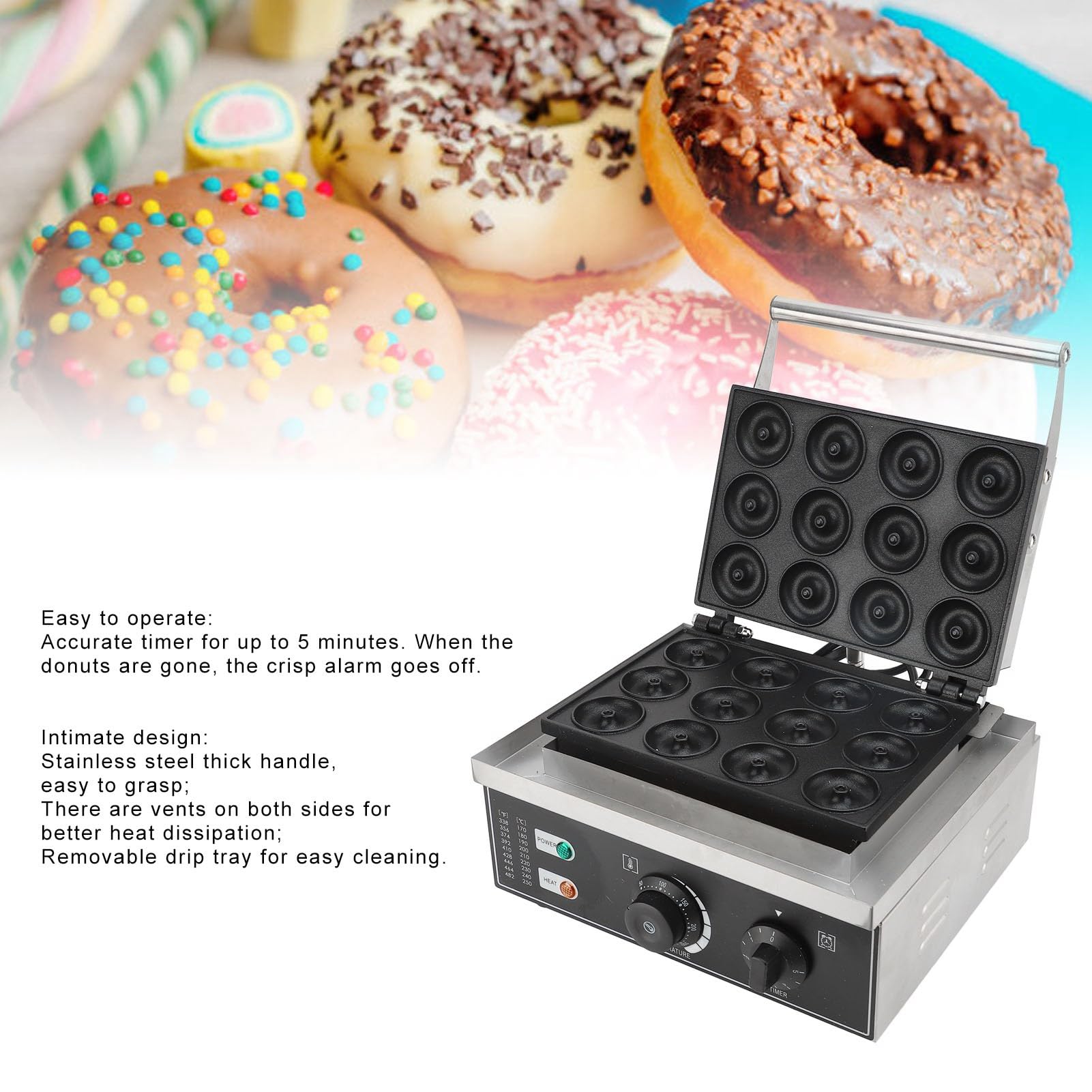 TOPINCN Máquina Comercial para Hacer Donas, Máquina Eléctrica para Hacer Donas, 12 Agujeros, 1500 W, Revestimiento Antiadherente de PTFE, Acero Inoxidable con Temporizador y Luz L (Enchufe europeo