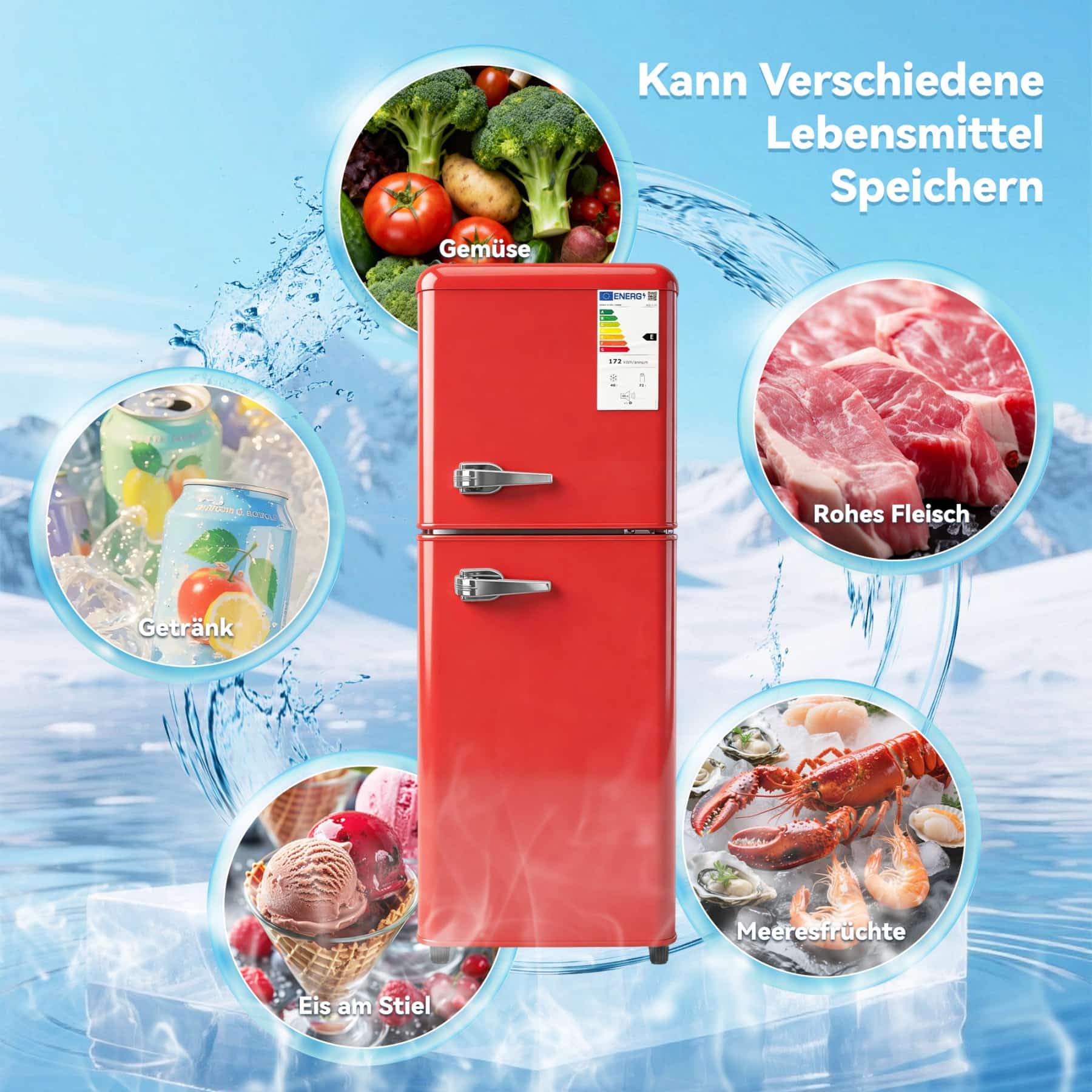 YEHTOKHOME - Refrigerador de 2 puertas, nevera pequeña, 7 niveles de ajuste de temperatura, iluminación LED, estantes ajustables, clase energética E, para cocina, salón y oficina (rojo, 112 L)