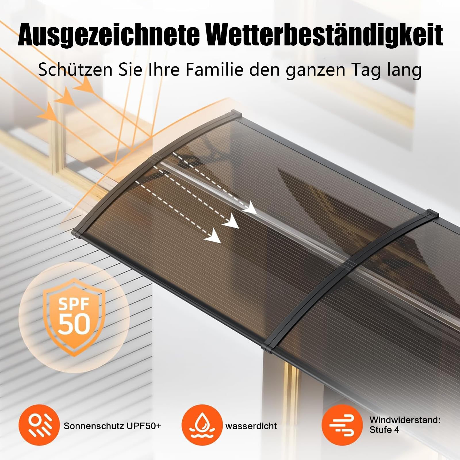 Vordach für Haustür 150x80CM Fenstervordach für Türen, Polycarbonat Pultvordach Überdachung für UV-,Regen- und Schneeschutz – Ideal für Veranda, Terrasse und Fenster