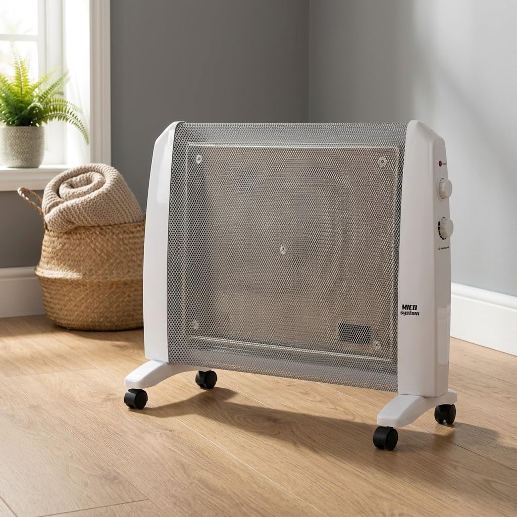 Suinga Radiador de Mica 1500 W | Estufa Eléctrica con Termostato Regulable | 2 Niveles de Calor 750-1500 W | Seguridad Antivuelco y Sobrecalentamiento | Con Ruedas