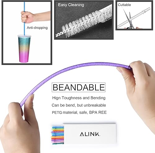 Miniatura 3 de ALINK 12-Pack Reusable Plastic Glitter Straws, 11" Long Colorful Hard Plastic Tumbler Straws for 16 OZ 20 OZ 30 OZ Stanley, YETI, Mason Jar