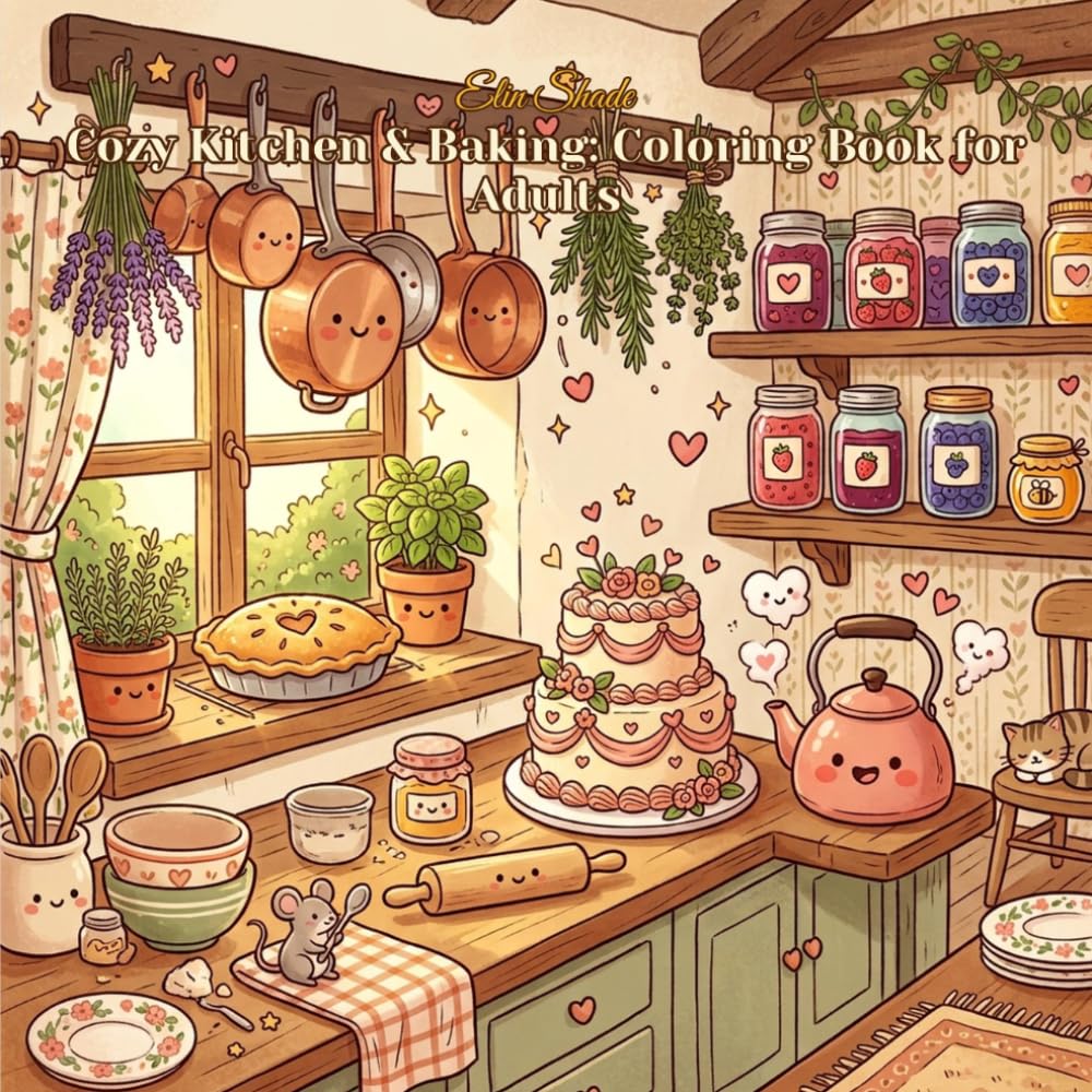 Cozy Kitchen & Baking: Coloring Book for Adults: 40 Kawaii Charming Home Scenes, Bold Easy Illustrations for Stress Relief, Cute Cottagecore for Women