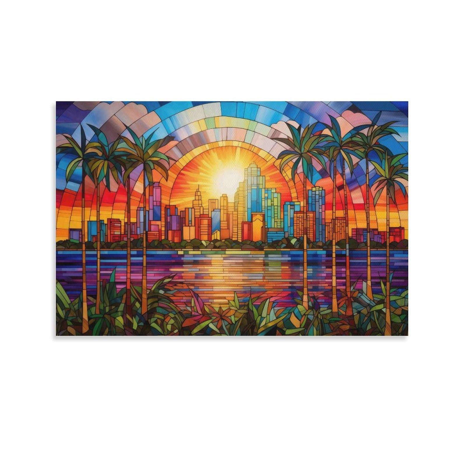 CPLVKWRQJ StainedGlassSunsetCity Single Piece Tropical Sunset City Palm Glass Painting Canvas Wall Decor - Office Canvas Print Fade Resistant Wall Focal Art Decor 20x30inch(50x75cm)