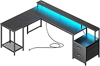 PRAISUN 66" L-Shaped Gaming Desk with RGB LED Lights, Power Outlets, Storage Drawers, Printer & Monitor Stand - Black