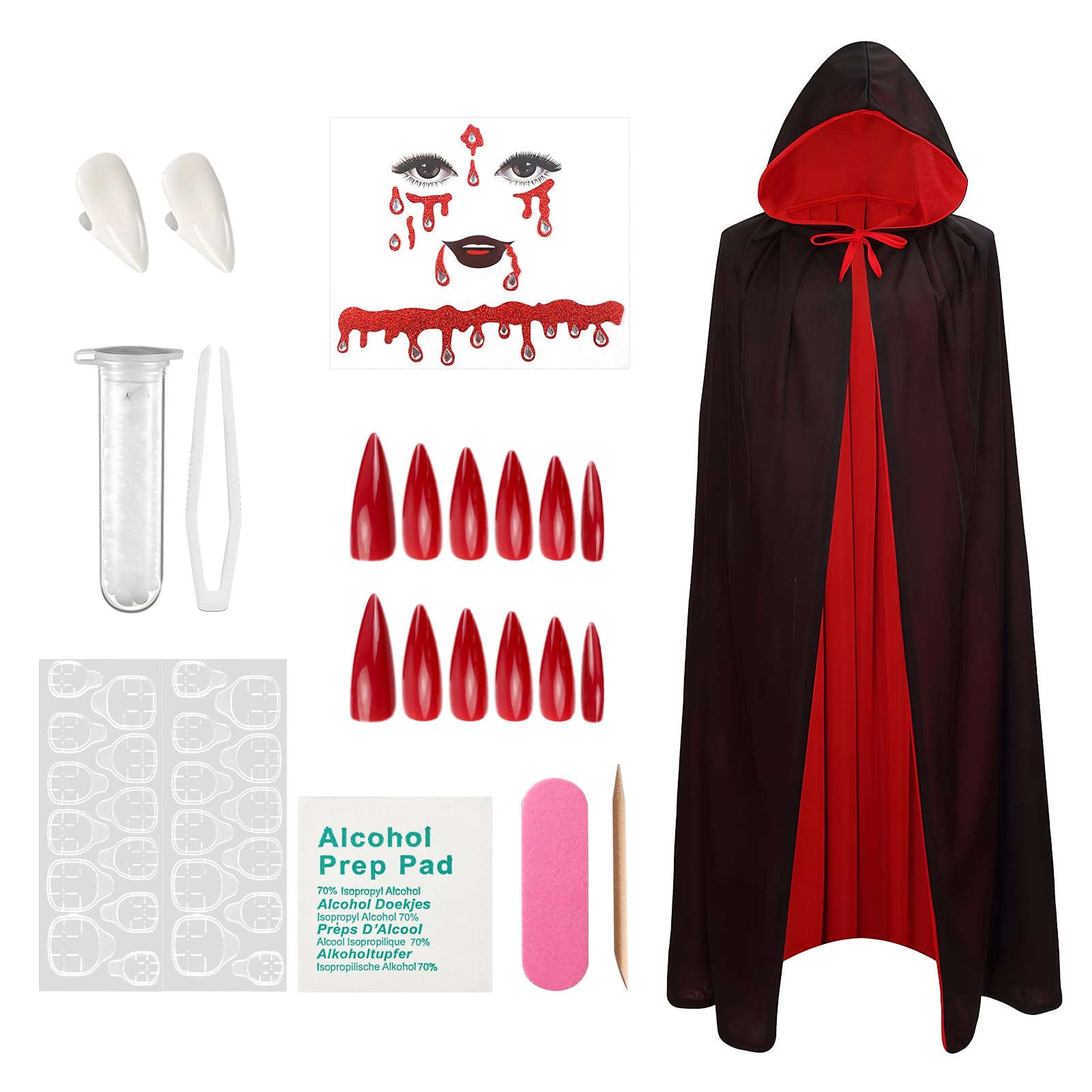 SHOPPGO Halloween Vampire Set, 140cm Vampire Cloak, 4 In 1 Pack Adult Vampire Costume with Halloween Face Stickers