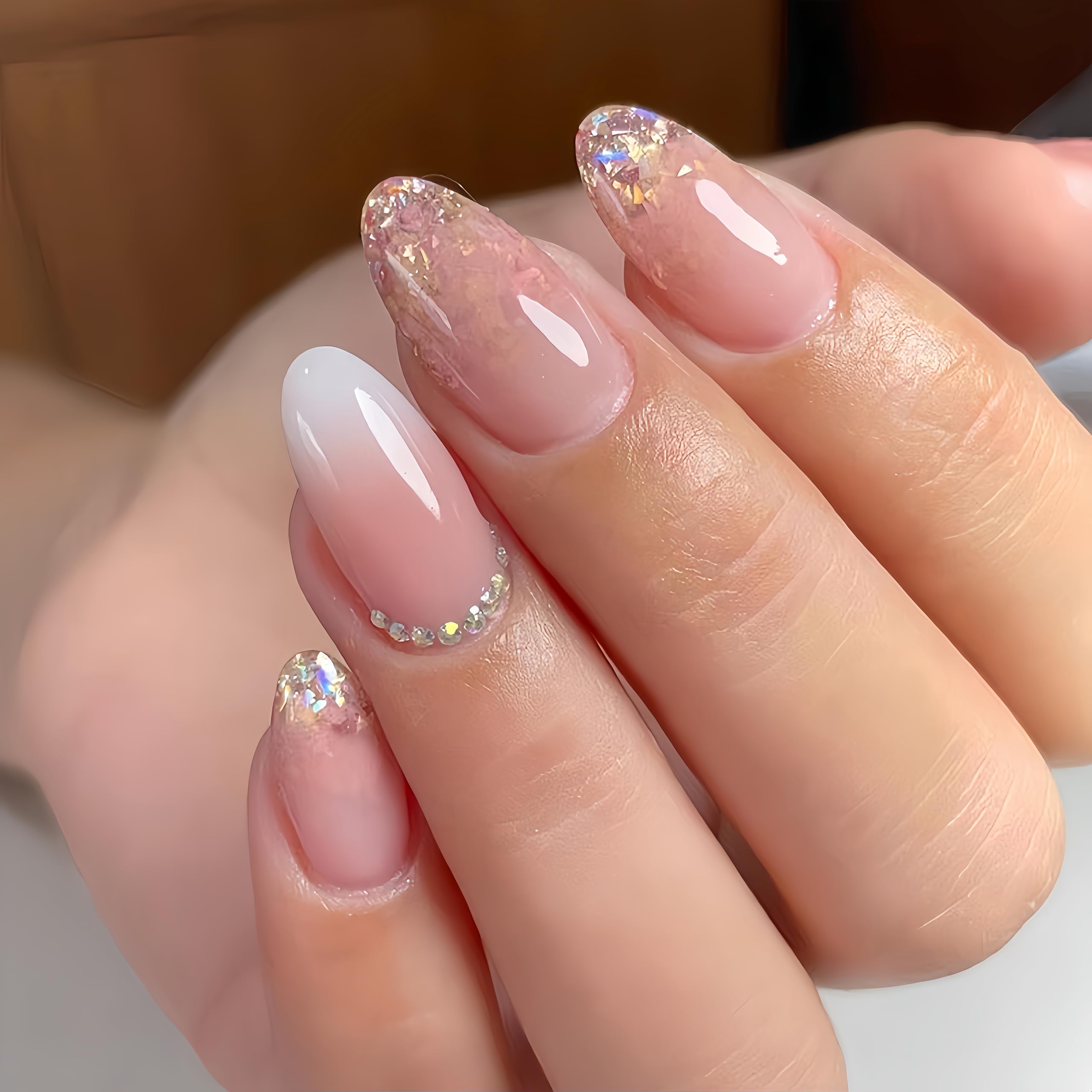 24Pcs Ombre Press on Nails Medium Almond Fake Nails Rhinestones with Pink White Gradient Design French tip False Nails Glossy Full Cover Stick on