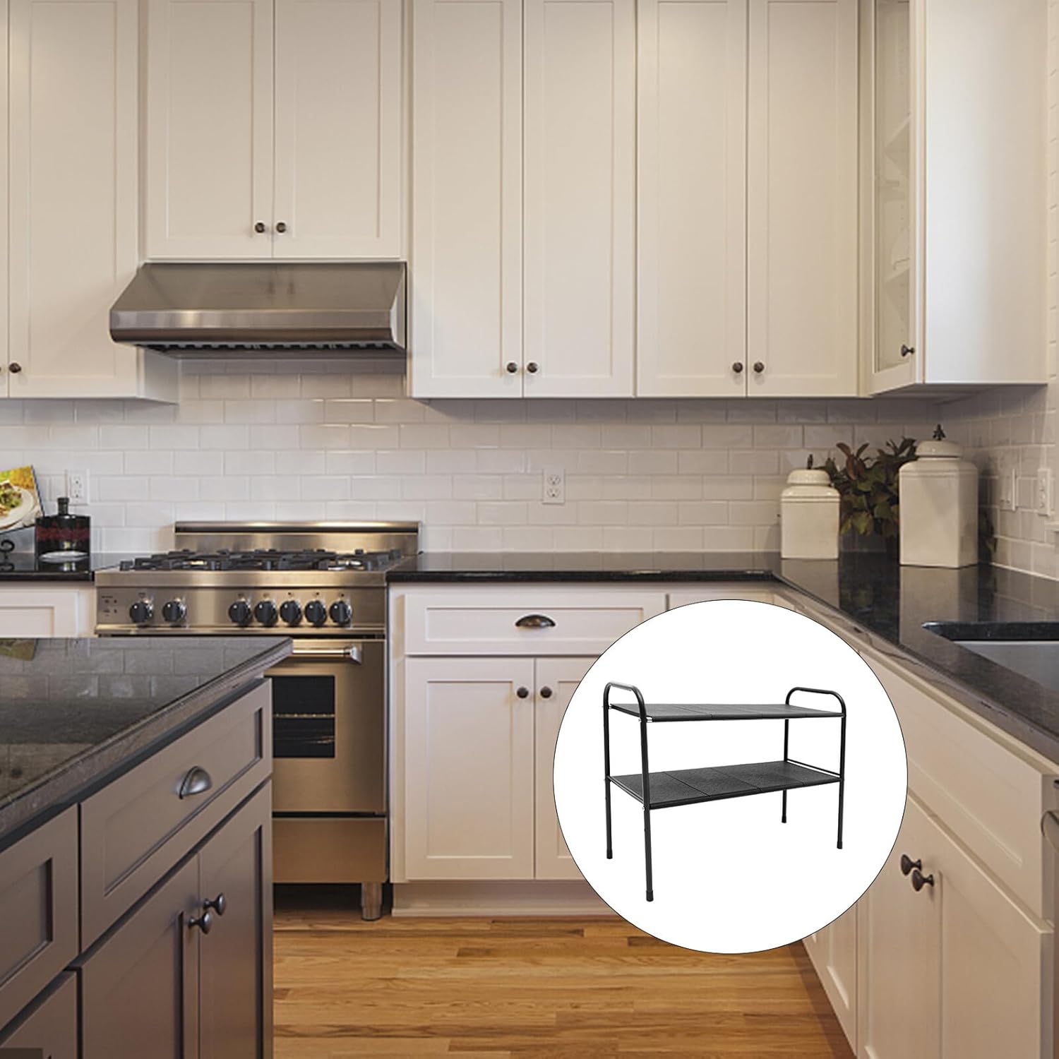 Double-layer Telescopic Kitchen Organizer Rack under Sink Spice Jar Storage Shelf Black with 8 Boards for Cabinet and Countertop Organization