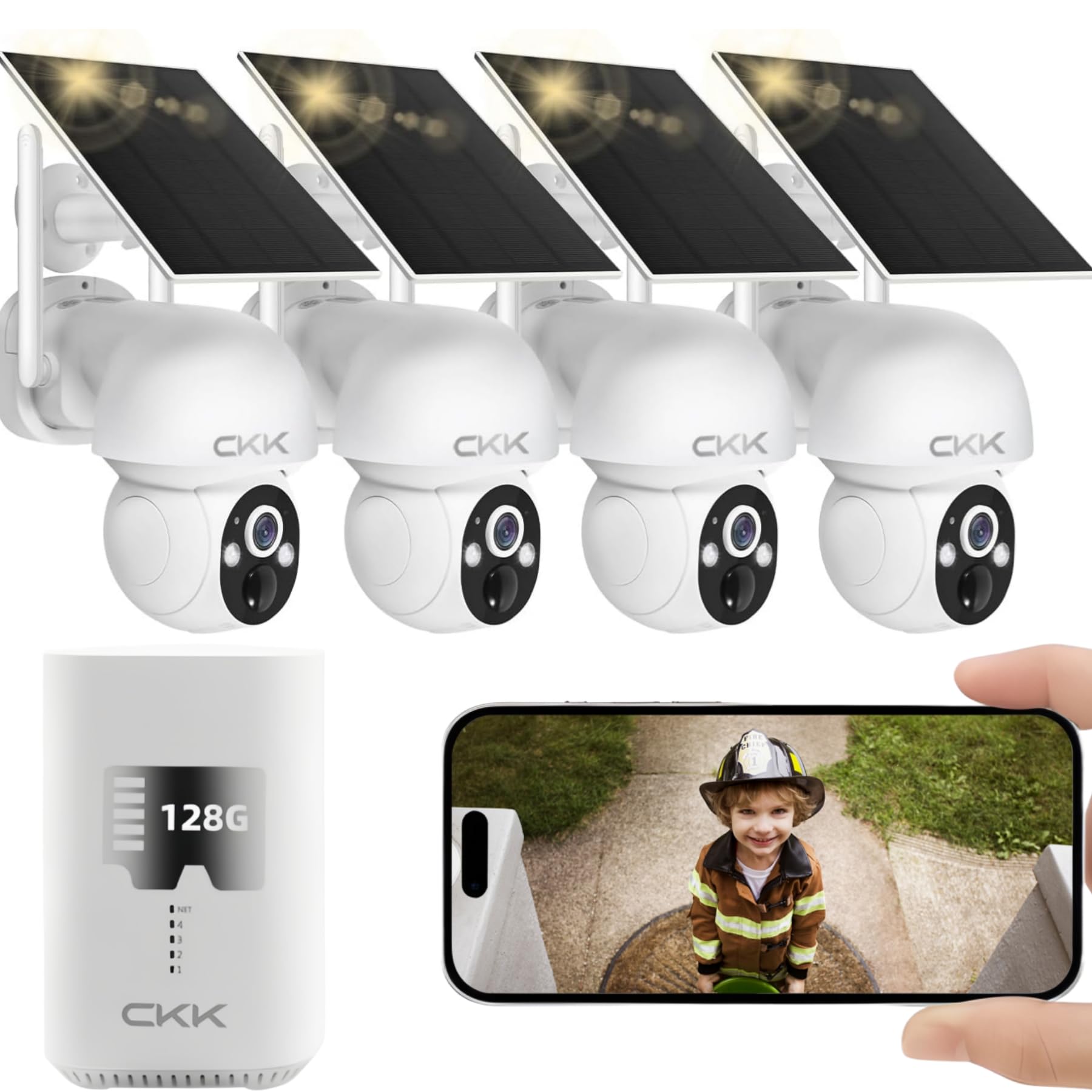 CKK 2.5K Solar Security Cameras Wireless Outdoor,Family Safety System,4 Cameras Kit with Full Color Night Vision,360° View,2.4Ghz WiFi Camera,2-Way Audio,Spotlight,128G Local Storage,No Monthly Fee