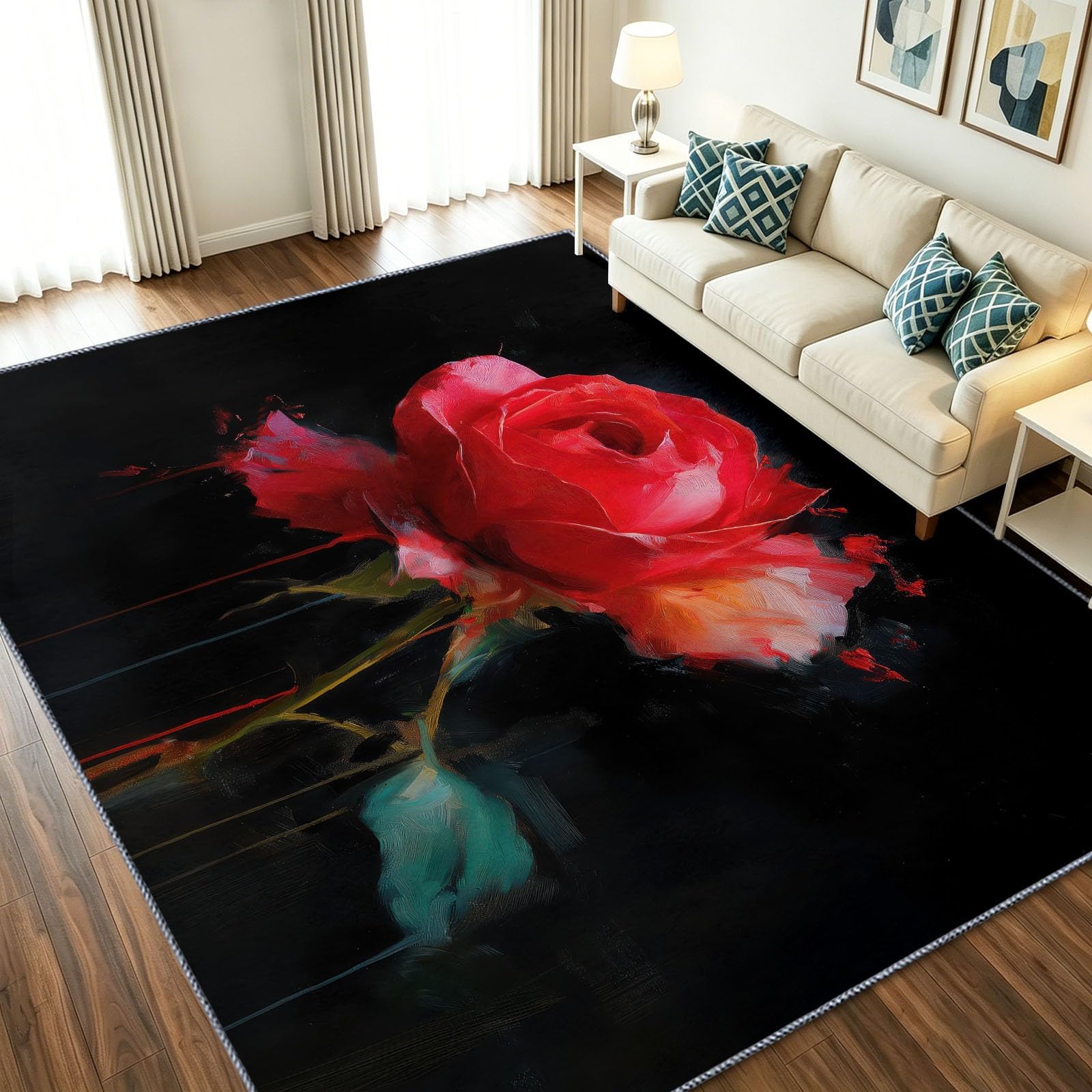 Alfombra antideslizante de baño con flores rosas y fondo negro elegante