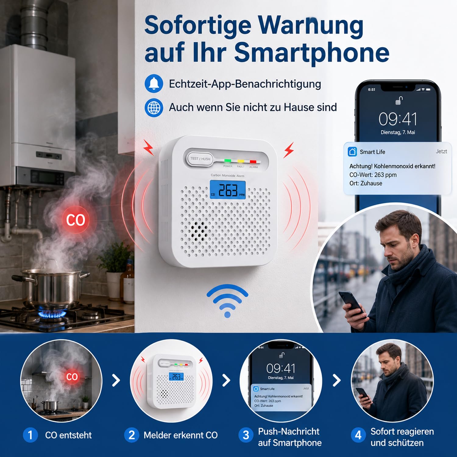 WLAN Kohlenmonoxidmelder mit App, CO Melder ohne Hub, Echtzeit-Benachrichtigung aufs Handy, 10 Jahre Batterie, EN 50291 Geprüft, LCD Display, 85 dB Alarm, Kohlenmonoxid Warnmelder für Zuhause, 2 Stück