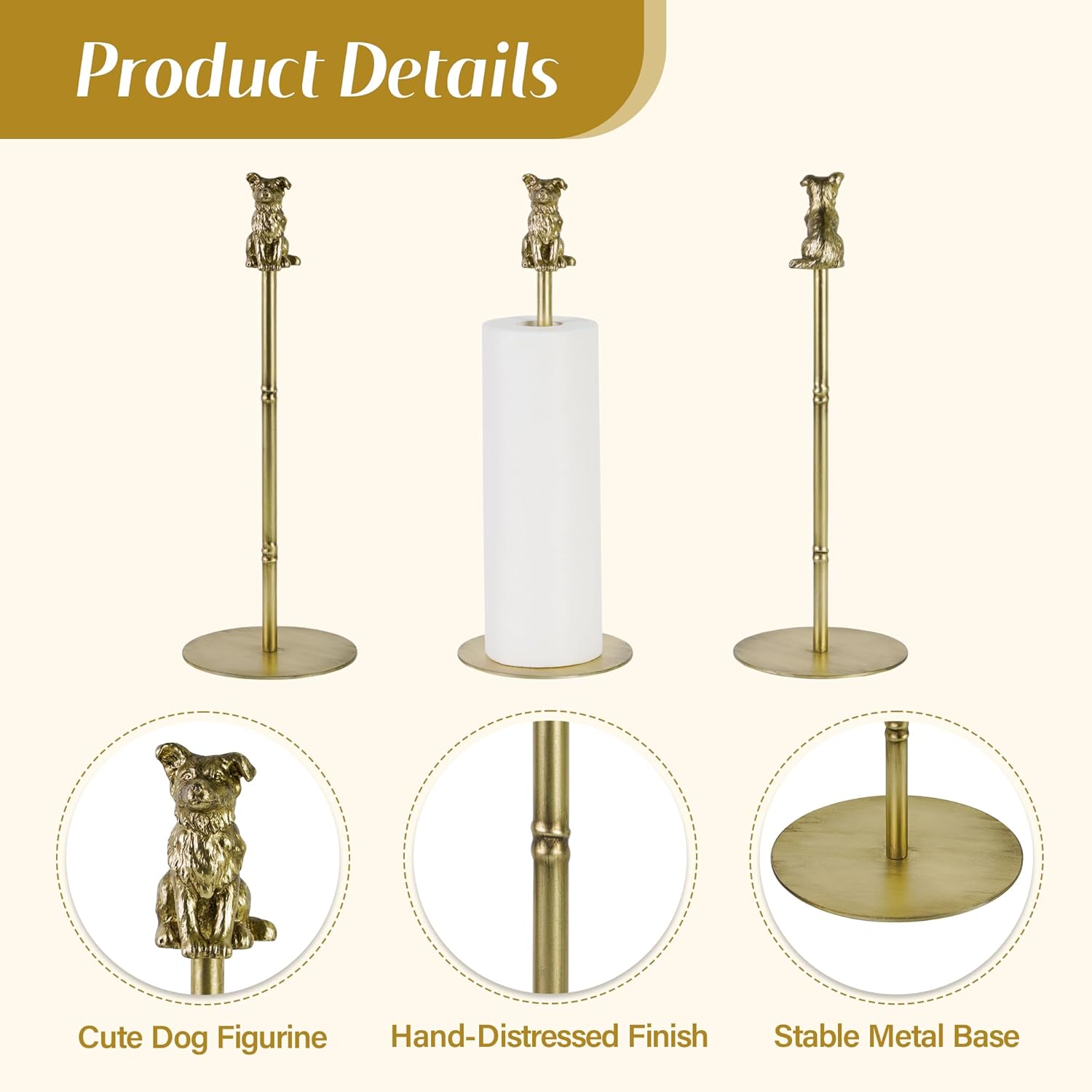 Golden Dog Paper Towel Holder – Enchanting Decorative Accent with Removable Figurine, Dog Tissue Towel Display Stand Paper Holder for Kitchen Countertop Home Decor