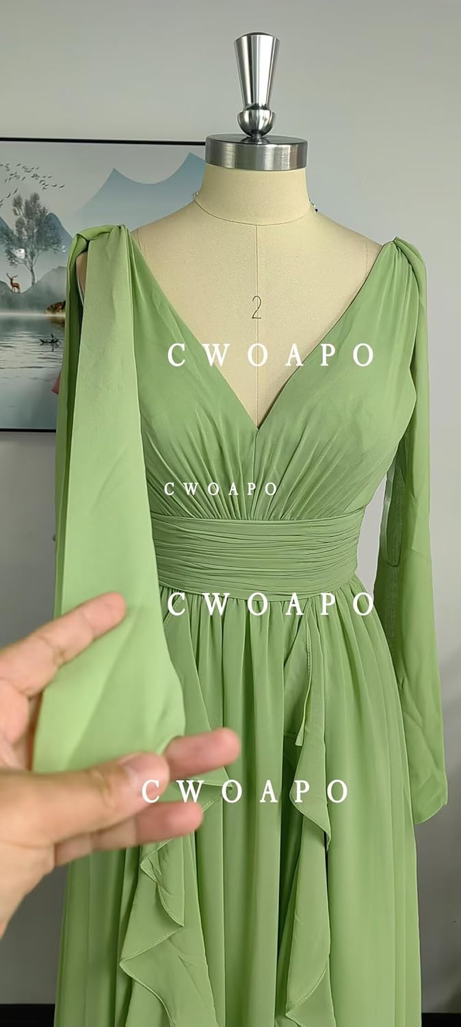 CWOAPO Ruffles Bridesmaid Dresses for Women Long Chiffon V Neck Ruched Empire Waist Formal Evening Gowns