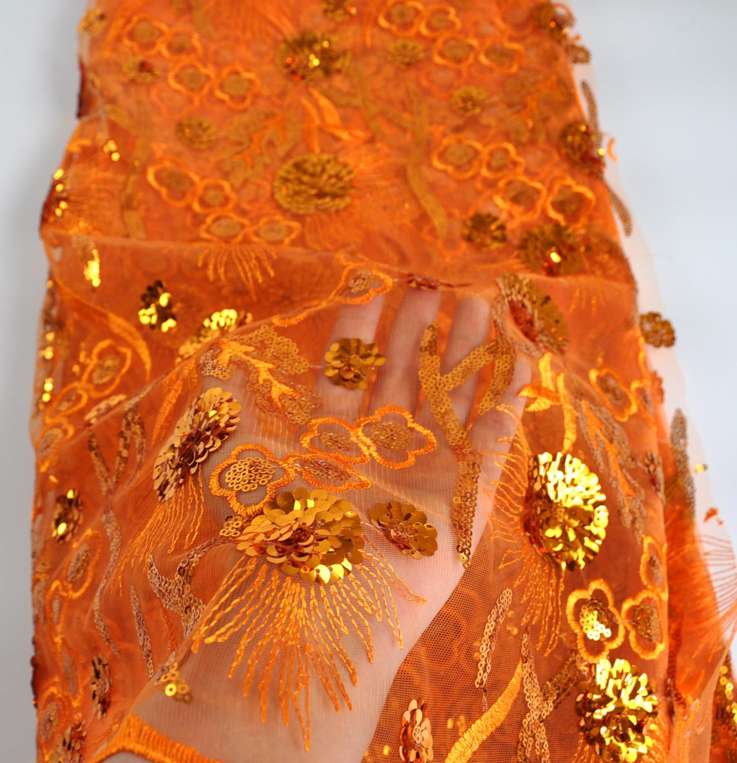 SanVera17 African Fabric 3D Sequins Net Fabrics Nigerian Embroidered Lace Fabric for Party Dress (Burning Orange) 5 Yards