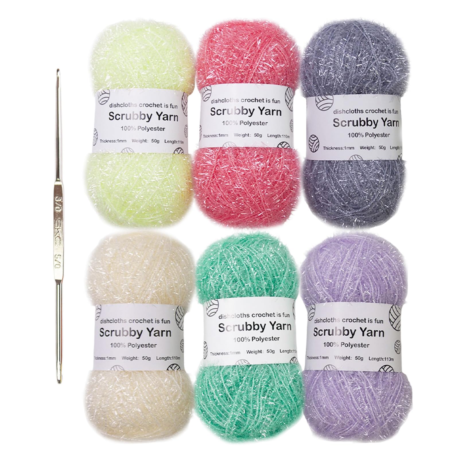 Moidhsag Macaron Color Sparkles Dish Scrubs Yarn For Dishcloths Crocheting Polyester Yarn Handmade Scrubs Yarn Crochet Yarn With Knitting Hook