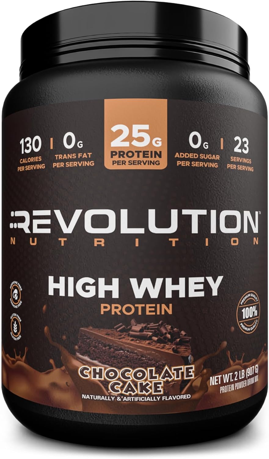 Revolution Nutrition, High Whey, Protein Powder 2LB, Whey Isolate, Gluten Free, Lean Muscle Mass for Men & Women, 25g of Protein Per Scoop, 908 g, 24 Servings (Chocolate Cake, 2 Pound)