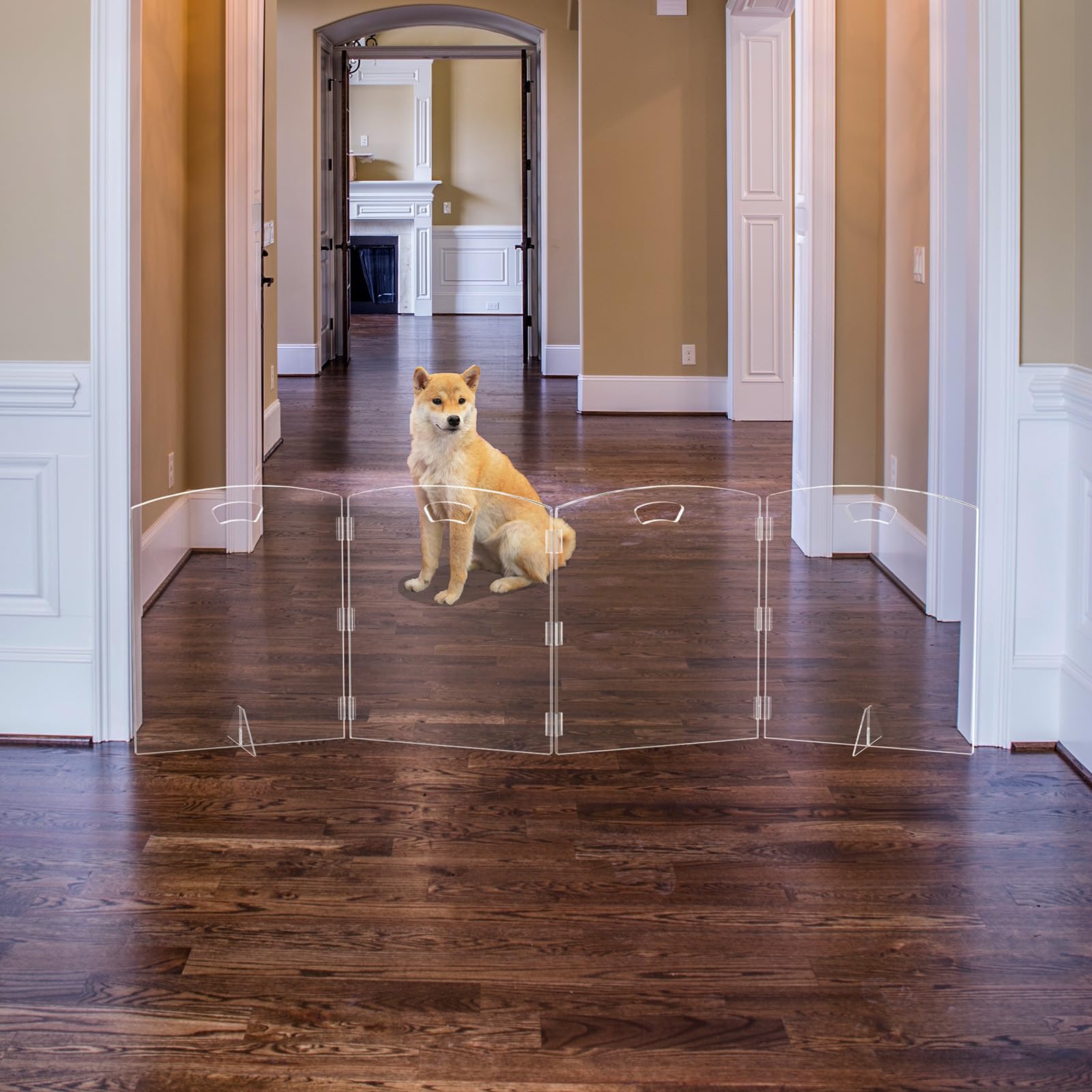 Clear Freestanding Dog Gate for Indoor Use,Pet Gates for Doorways no Drilling,Acrylic Foldable Dog Gate for Stairs with Support Feet (4 Panel - 80''W