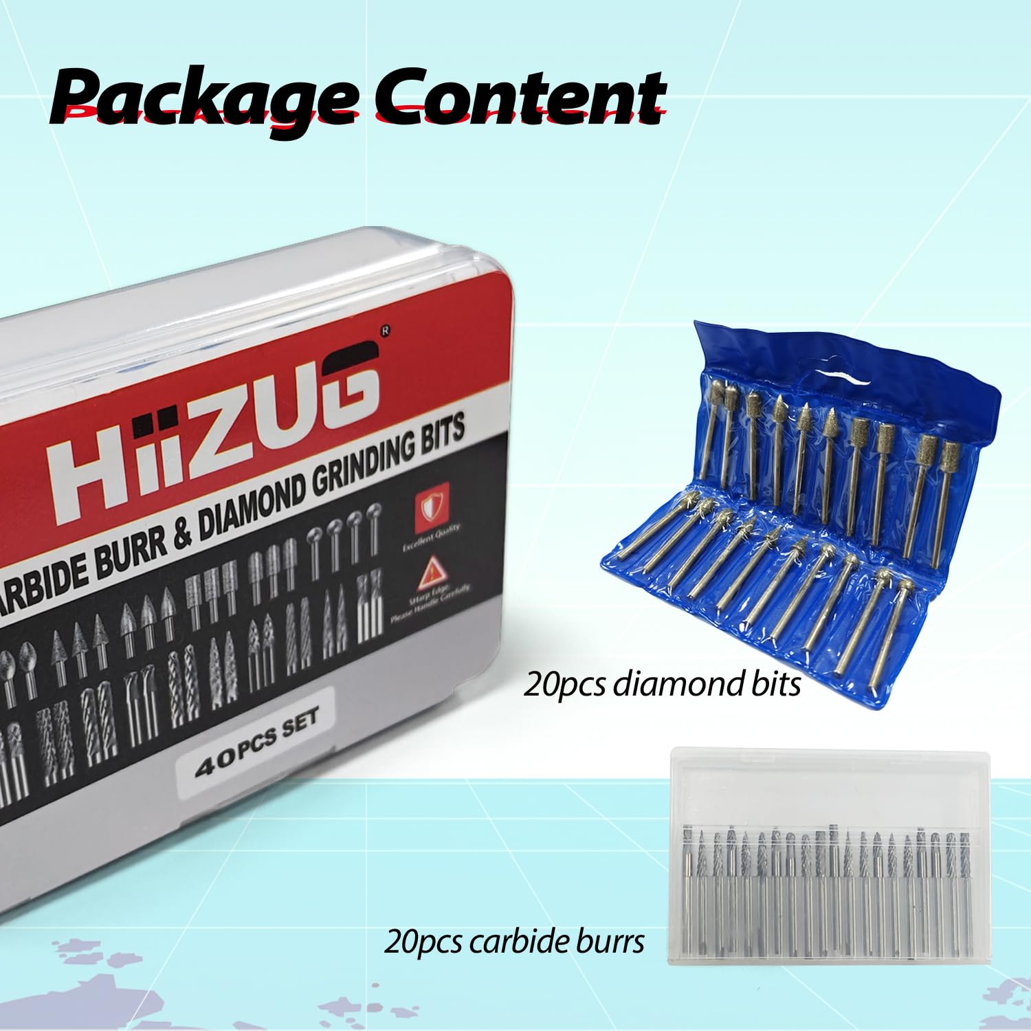 1/8" Shank Carbide Burrs Set and Diamond Burr Bits Set 40Pcs, Double Cut Rotary Files Die Grinder Bits Stone Carving Set Rotary Tools for Grinding, Carving, Engraving, Polishing