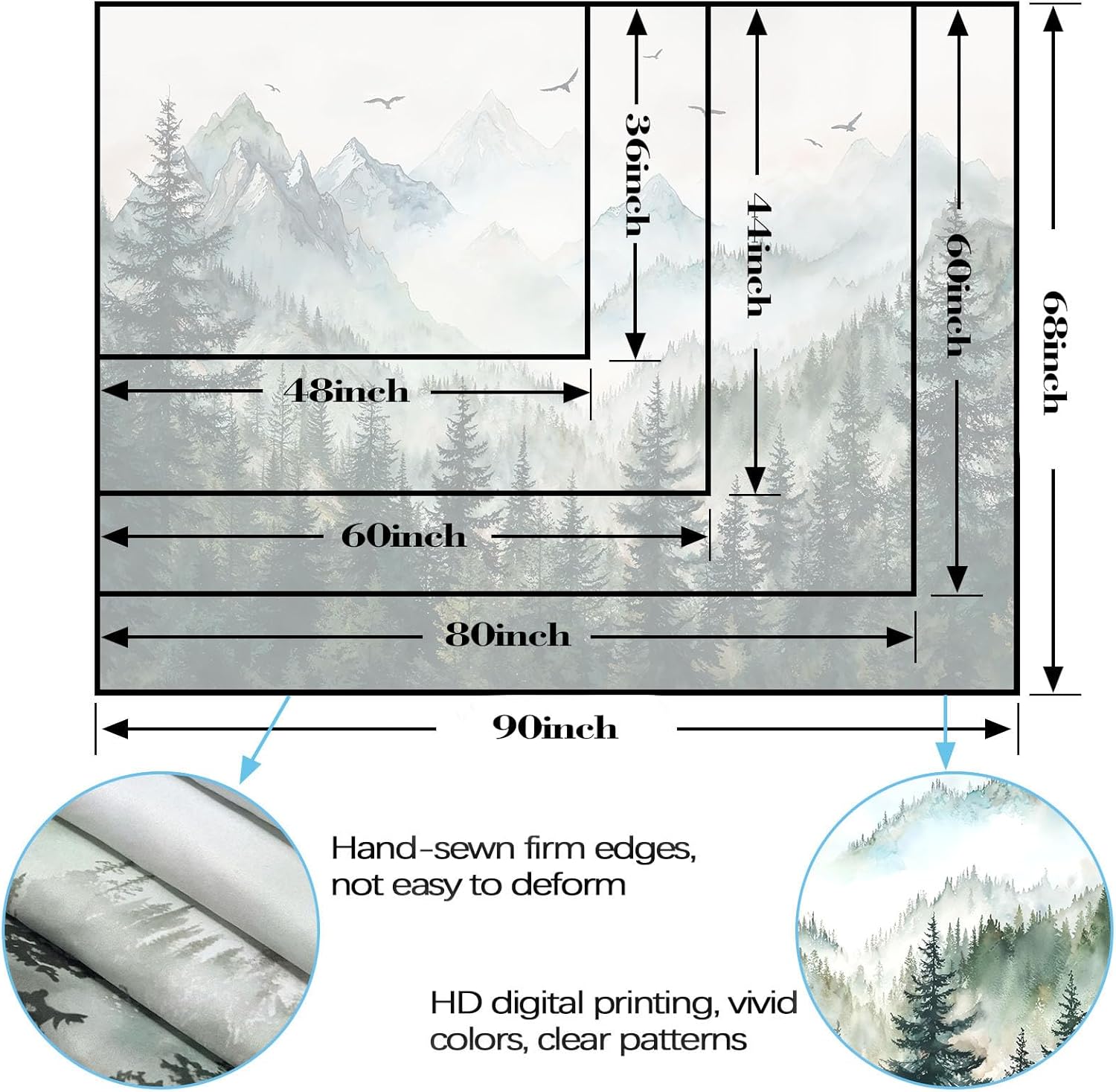 Zussun Misty Forest Mountain Tapestry Sage Green Nature Pine Tree Tapestry for Bedroom Aesthetic Watercolor Foggy Woodlands Birds Landscape Tapestries Wall Hanging for Living Room Dorm 90 x 68 Inch