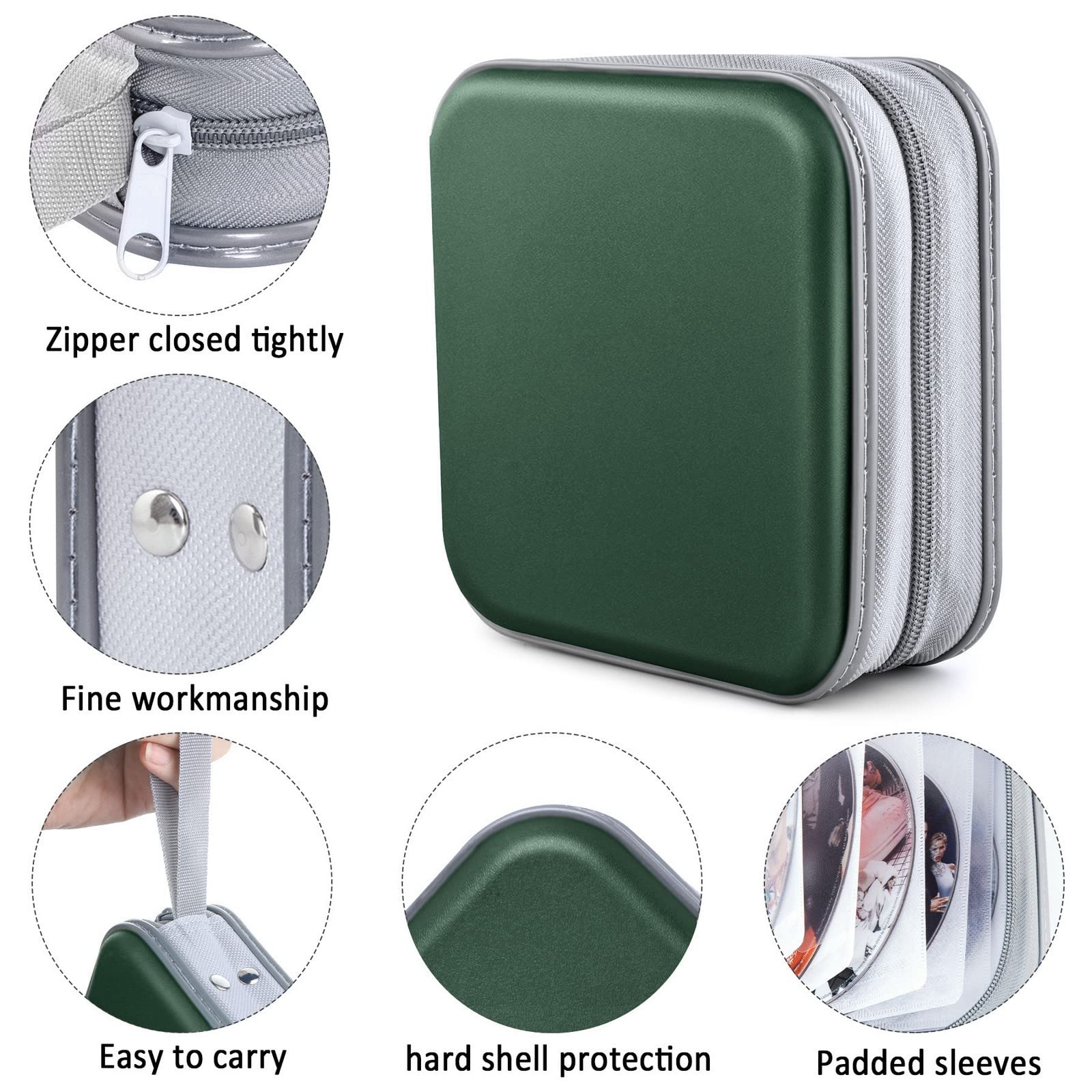 48 capacità CD/DVD custodia organizer portatile con cerniera in plastica rigida CD/DVD custodie organizer portafoglio libro per auto casa viaggi (verde scuro)