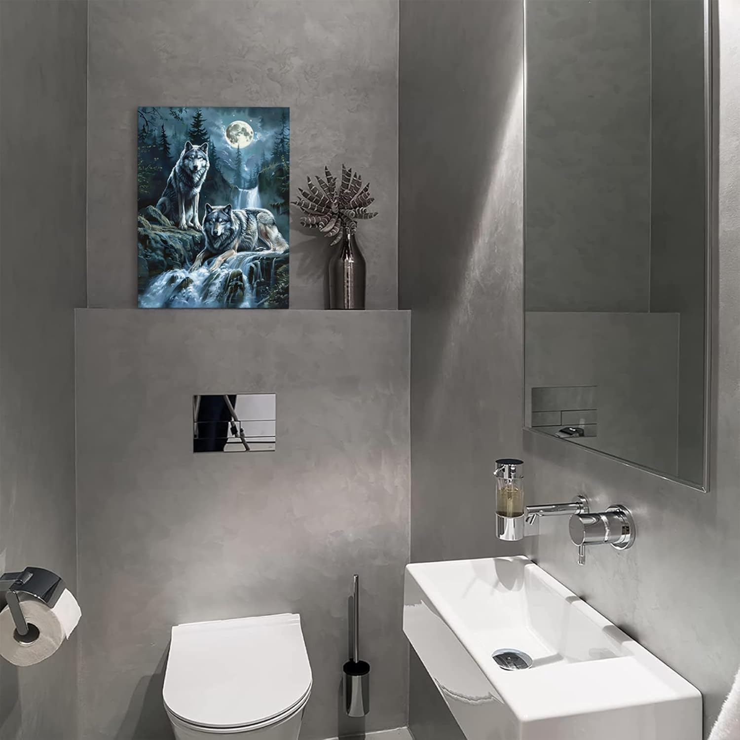 Forest Wolf Decor Wall Art Wolf Bathroom Wall Decor Wolf Poster Wolf and Moon Pictures for Wall Animal Canvas Print Painting Framed Artwork for Bathroom Bedroom Living Room 12"x16"