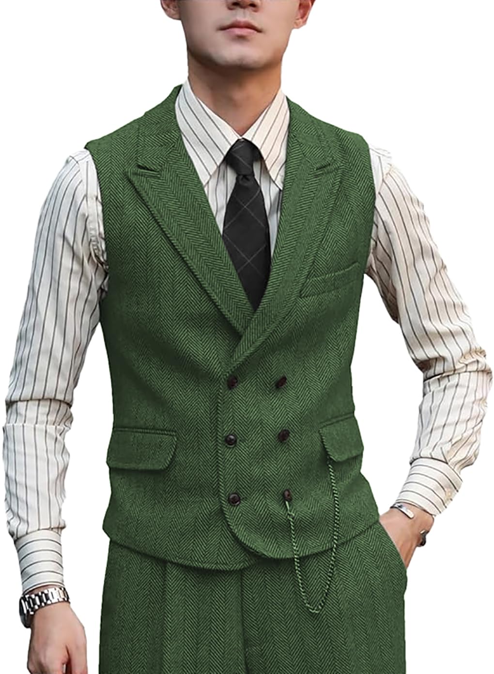 Zeattall Men's Green Vests Wool Herringbone Tweed Suit Vest Double Breasted Waistcoat, X-Large