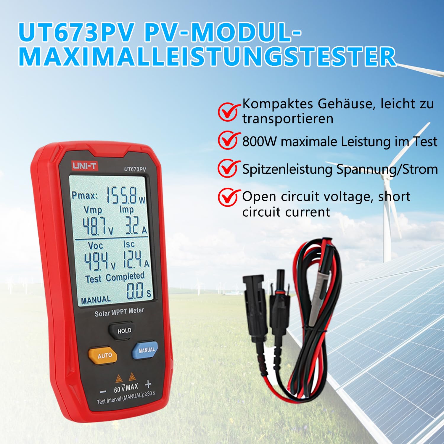 Solarpanel Tester 800W MPPT Leistungsmesser mit LCD-Display Photovoltaik