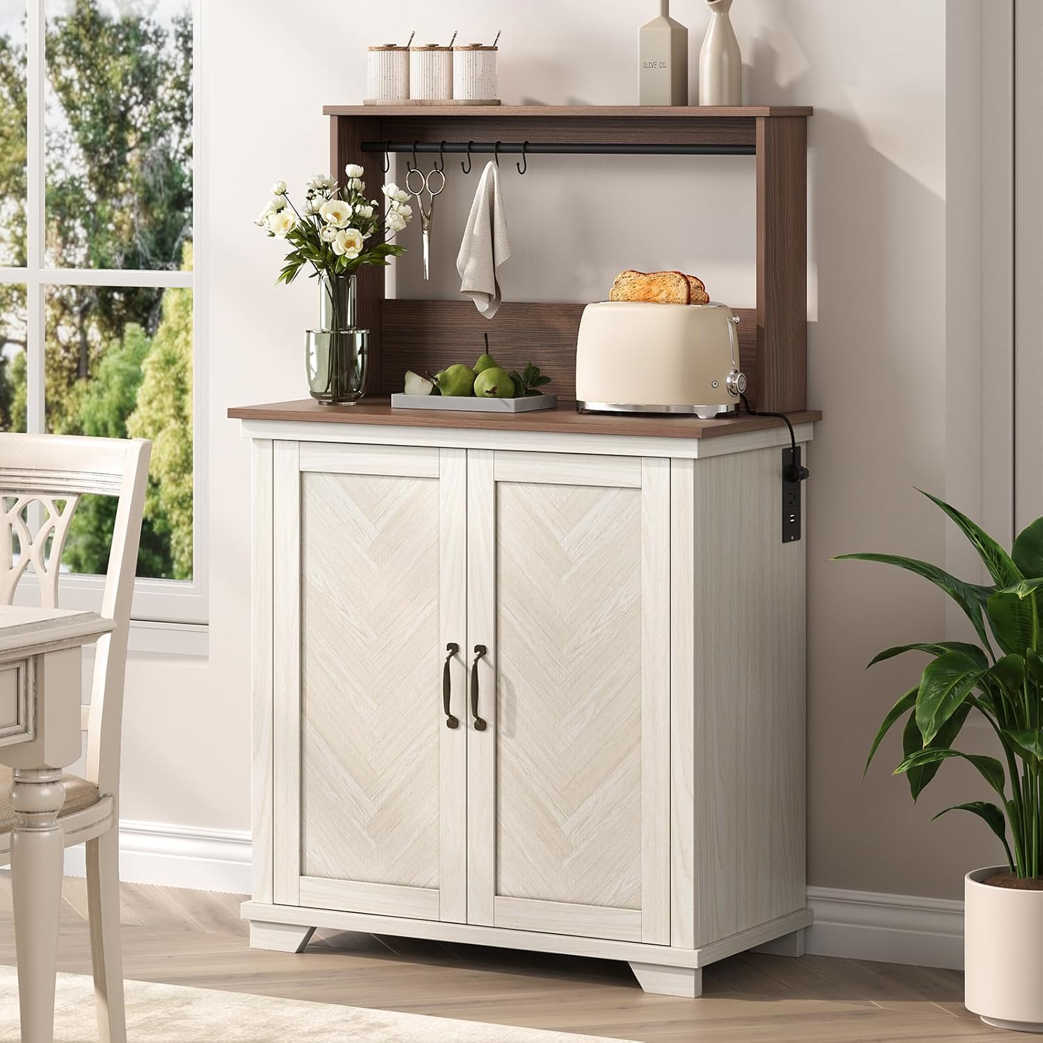 Farmhouse Coffee Bar Cabinet with Charging Station, 31.5" Kitchen Coffee Station, Coffee Bar Table with Storage, Adjustable Shelf and 6 Hooks, Buffet Cabinet for Living Room, Dining Room, White