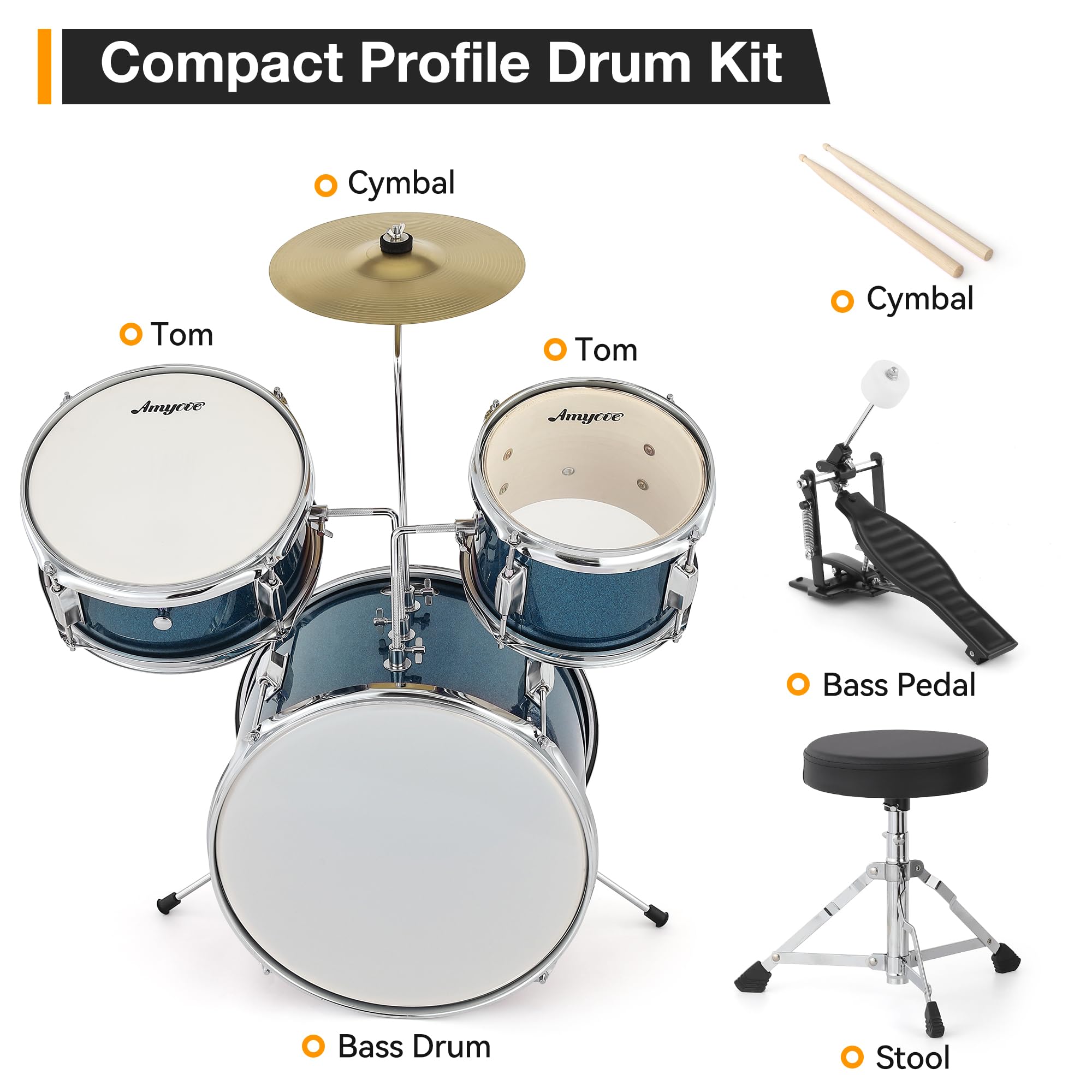 Batería Electrónica Infantil De 3 Piezas Con Platillos, Bombo, Pedal y 2 Toms, Incluye Baquetas y Taburete, Instrumento Musical Ideal Para Niños Principiantes