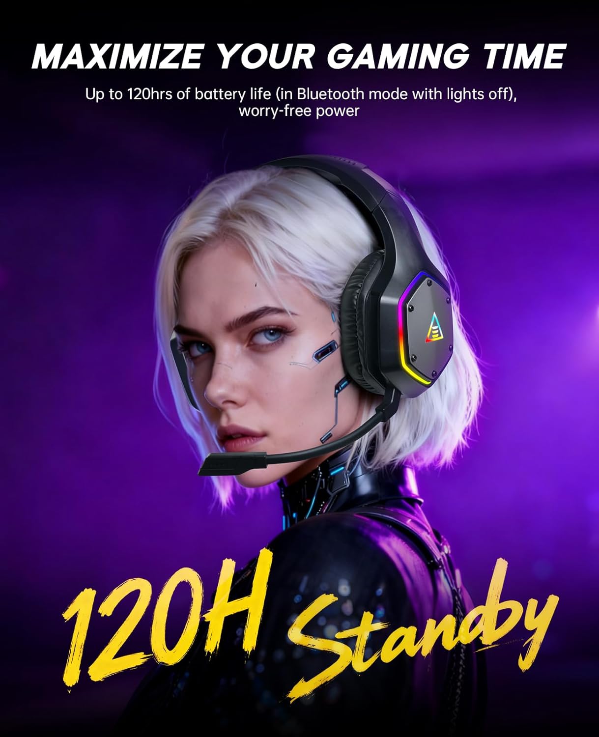 EKSA 2.4GHz Wireless Gaming Headset for PS5,PS4,PC,Switch,Mobile,Mac, Bluetooth Gaming Headphones with ENC Microphone, RGB, 20ms Latency, 120H Battery, 7.1 Surround Sound Headset, 3.5mm Audio Cable - Image 6