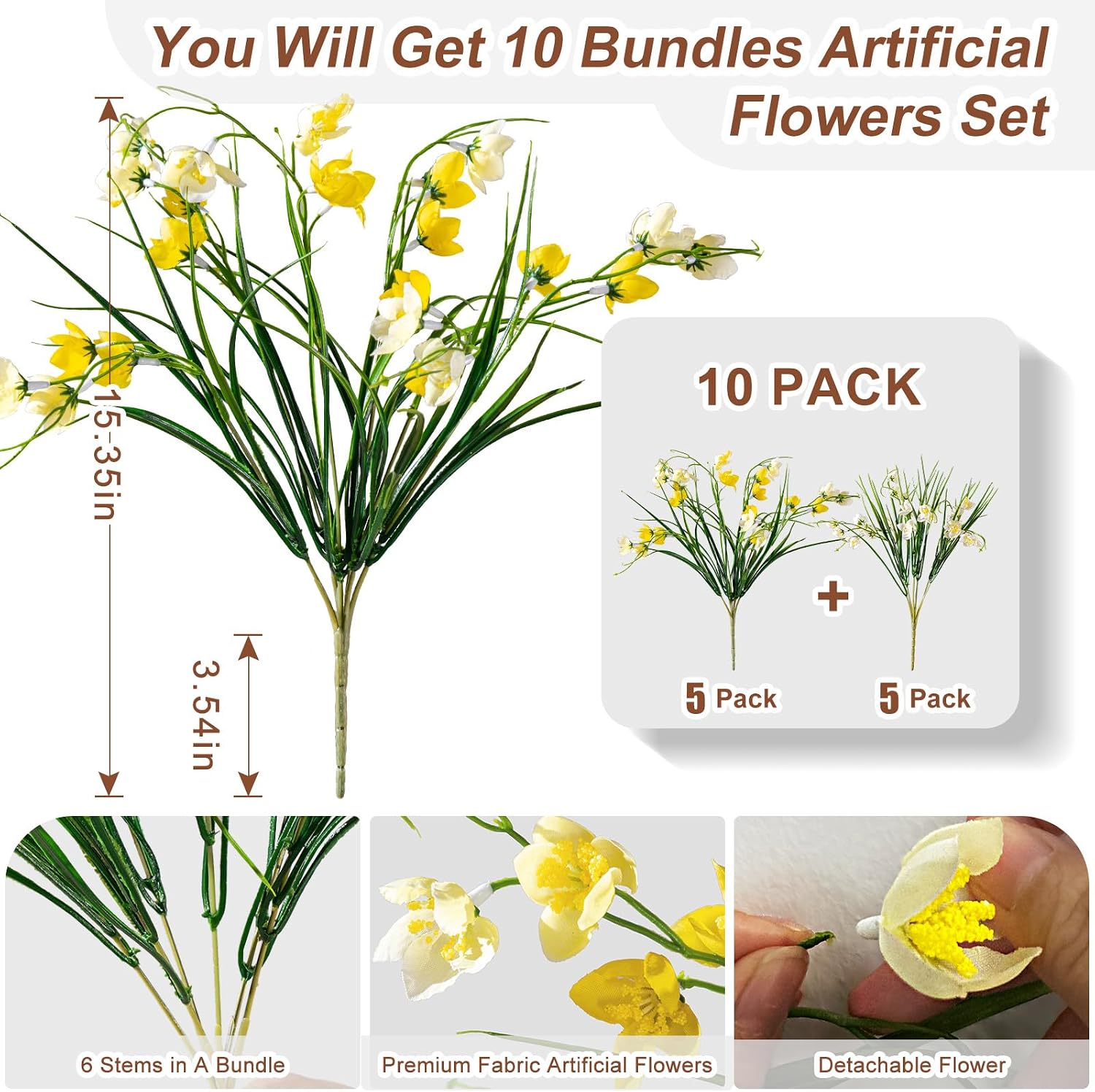 Artificial Flowers for Outdoor Indoor 10 Bundles Fake Daffodil Flowers Plant UV Resistant Realistic Faux Plants for Home Outside Garden Porch Window Box Balcony Yard Porch Fall Decor (White+Yellow)