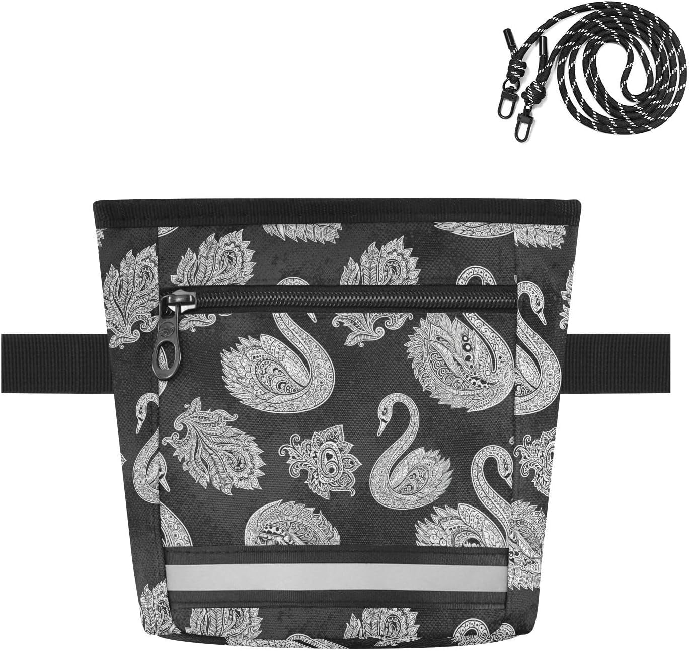 Swans Feathers Black Print Dog Treat Pouch with Magnetic Closure, Dog Training Treat Bag for Pet Travel Outdoor Use with Waist Belt and Shoulder Strap
