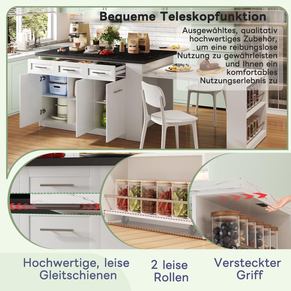 Seyakany Îlot de Cuisine Multifonctionnel avec Table à Manger Extensible Blanche de 150 cm + 96 cm, Plan de Travail/Table en Bois marbré Noir/Blanc, armoires de Rangement intégrées