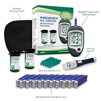 PRODIGY 10500 100ct Test Strips with AutoCode Talking Meter Starter Kit, PRODIGY AutoCode Blood Glucose Talking Meter, No Coding Blood Glucose Test Strips (2 vials of 50ct), Adjustable Depth Lancing Device, Twist Top Lancets 28G (10ct), Carrying Case, Quick Reference Guide, Owner's Manual