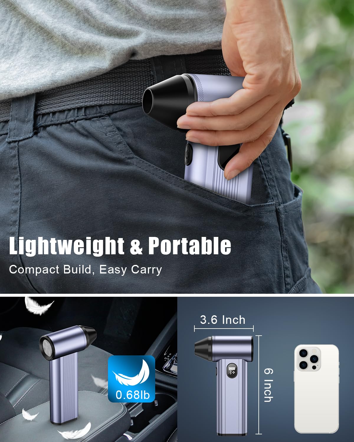 Plumero de aire comprimido inalámbrico con luz LED, batería de 8000 mAh, motor sin escobillas, soplador de aire eléctrico ajustable de 4 engranajes para el hogar, coche, computadora, al aire libre