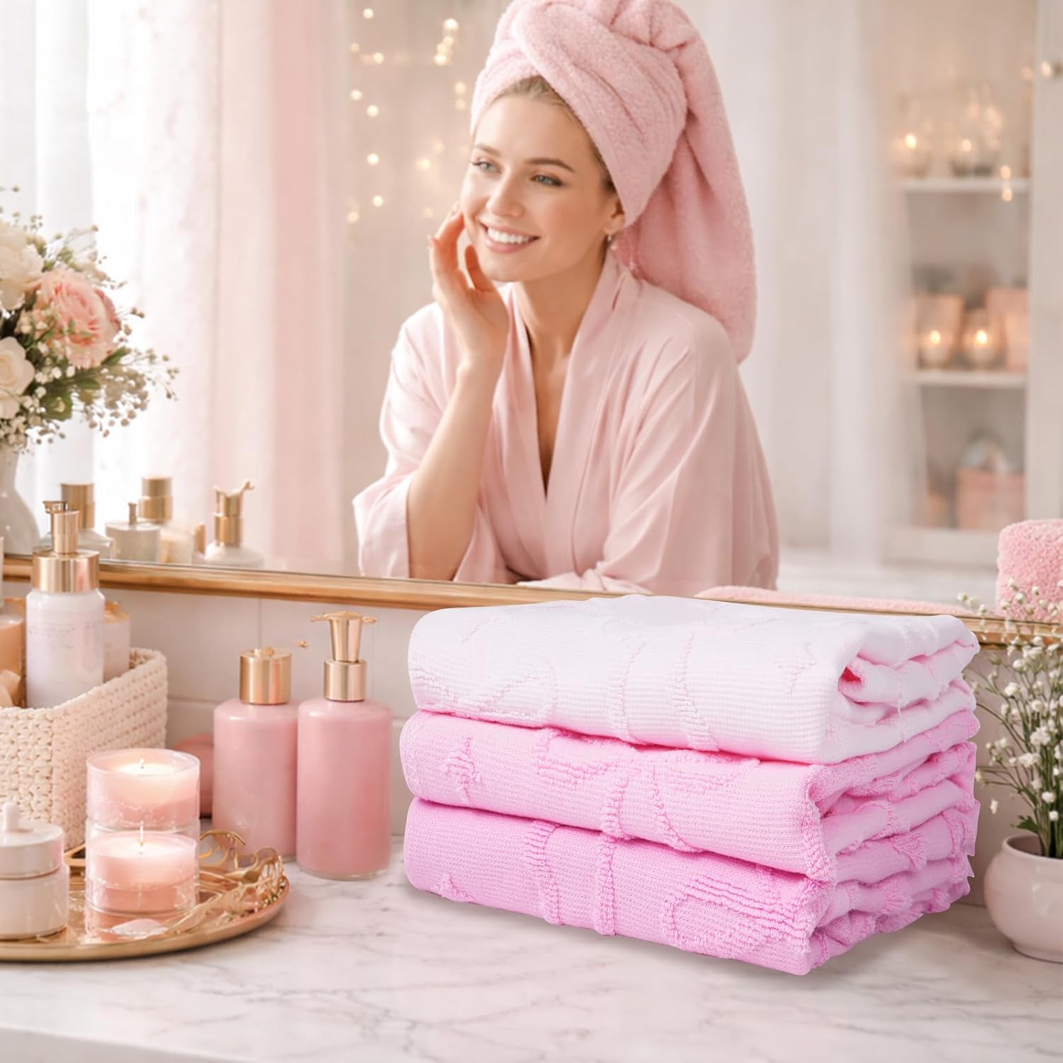 Shemilly 3pcs Bow Hand Towels Set Pink Bow Jacquard Hand Towel for Bath 100% Cotton Soft Bathroom Kitchen Decorative Set for Spring Summer Holiday Decor Gift,14 x 29 Inch - Image 5