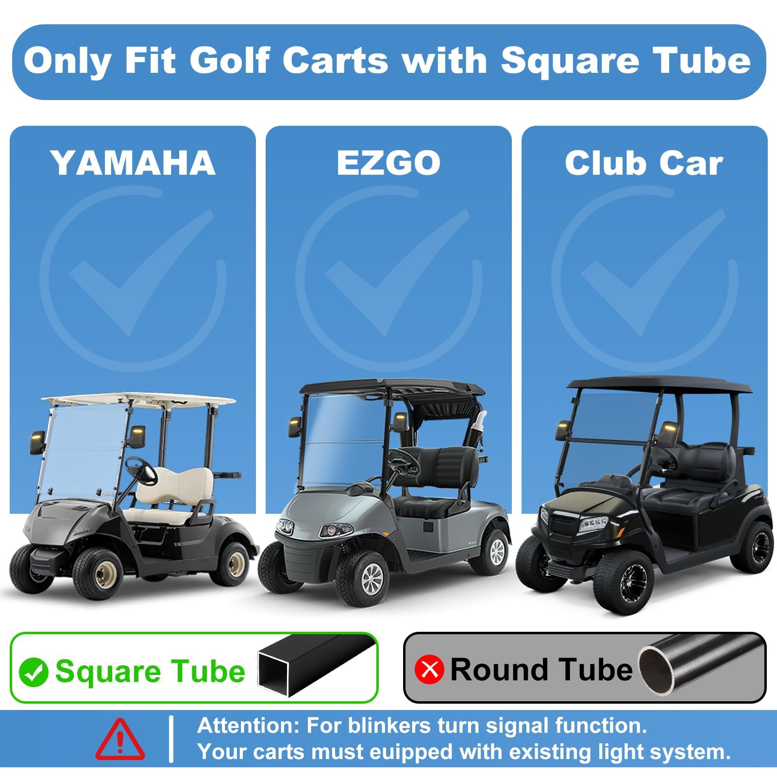 Espejo universal para carrito de golf, espejos laterales con luz intermitente, espejos retrovisores para coche club, Ezgo Yamaha, espejos laterales para carrito de golf