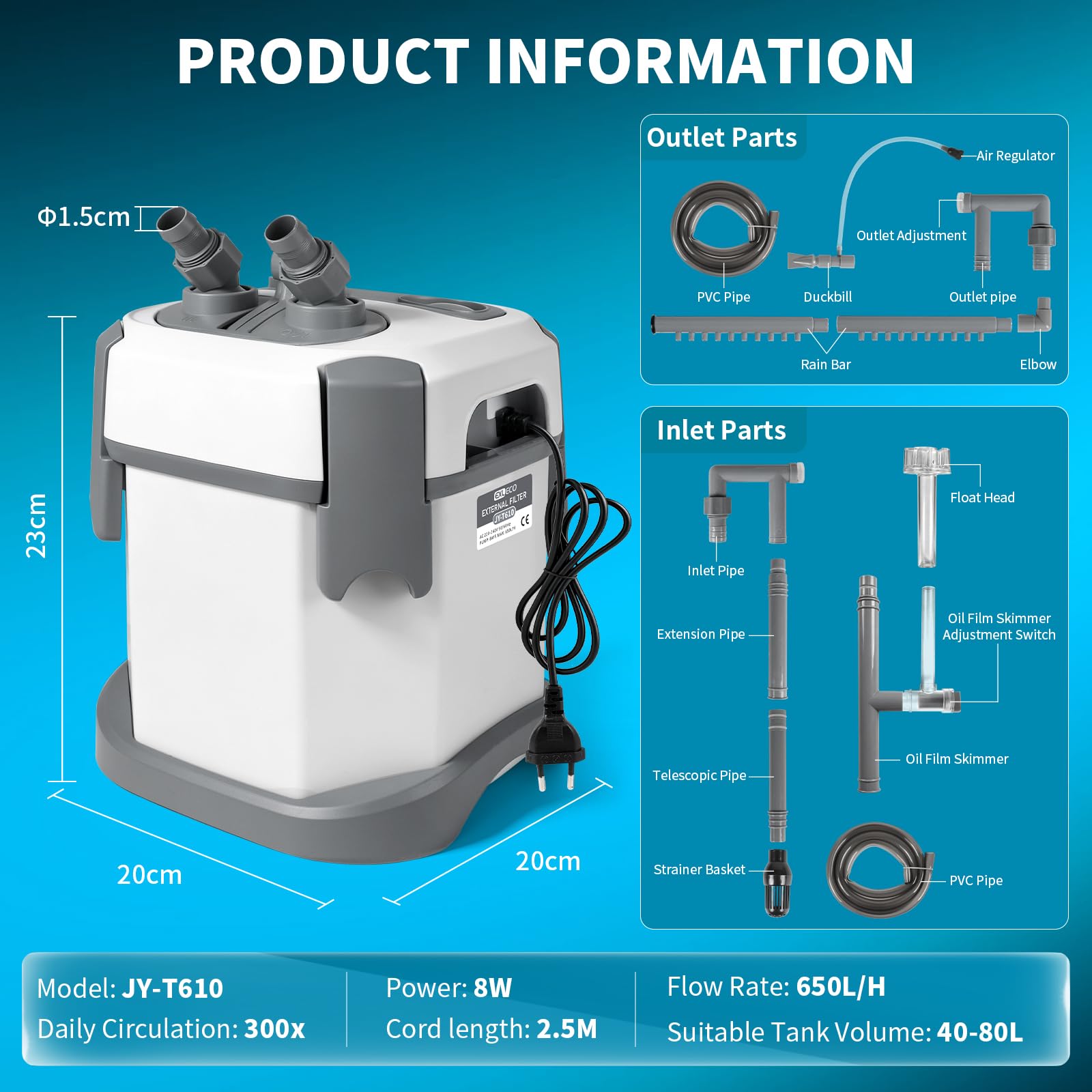 EXLECO Aquarium Außenfilter Einstellbar 650L/H 8W, für Aquarien 40-80 L | Leiser External Aquarium Filter mit pumpe, Leistungsstarker 2 Stufen Kammerfilter mit Filtermaterial, für Süß und Meerwasser