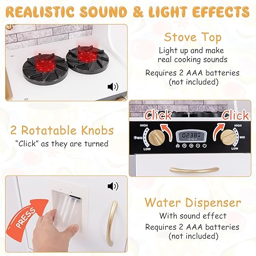 Miniatura 2 de Costzon Juego de cocina para niños, juego de cocina grande de madera con sonidos y luces reales, microondas, pizarra, horno, máquina de hielo